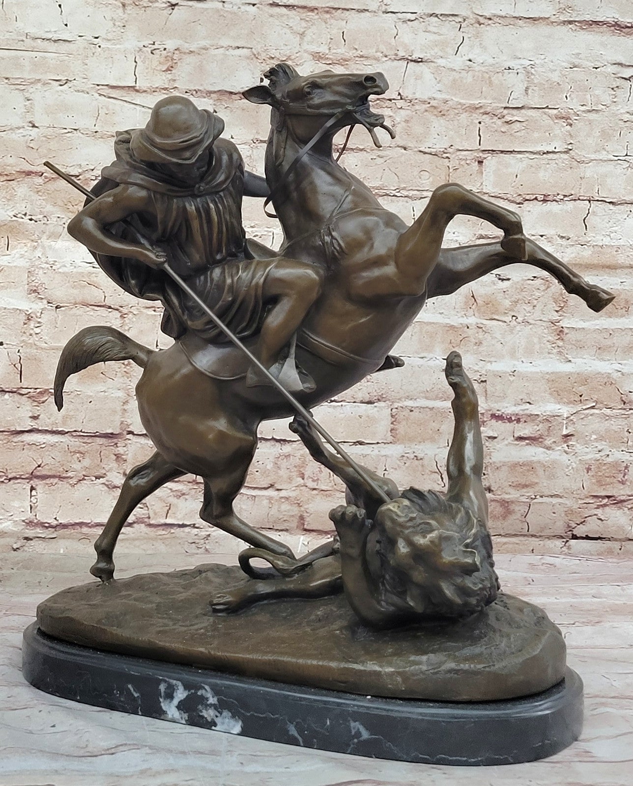 Classic Safari Scene: Barye`s Lion Hunt - Arabian Man on Horse Bronze Statue