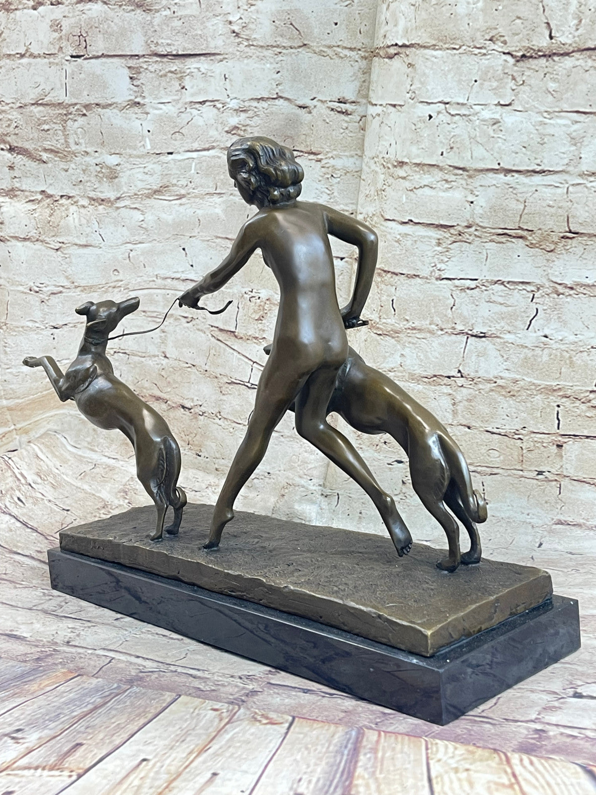 Large "A. Bouraine - The Hunt" Art Deco Bronze Figurine On Black Marble Base NR
