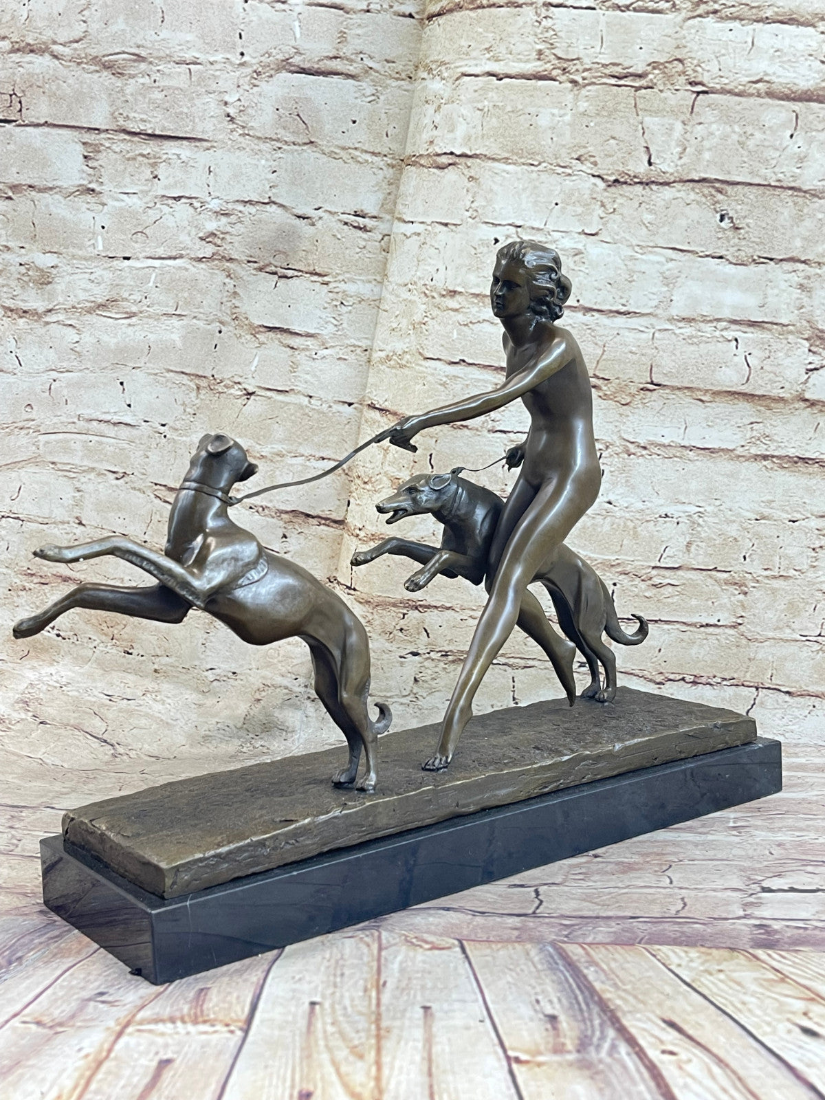 Large "A. Bouraine - The Hunt" Art Deco Bronze Figurine On Black Marble Base NR