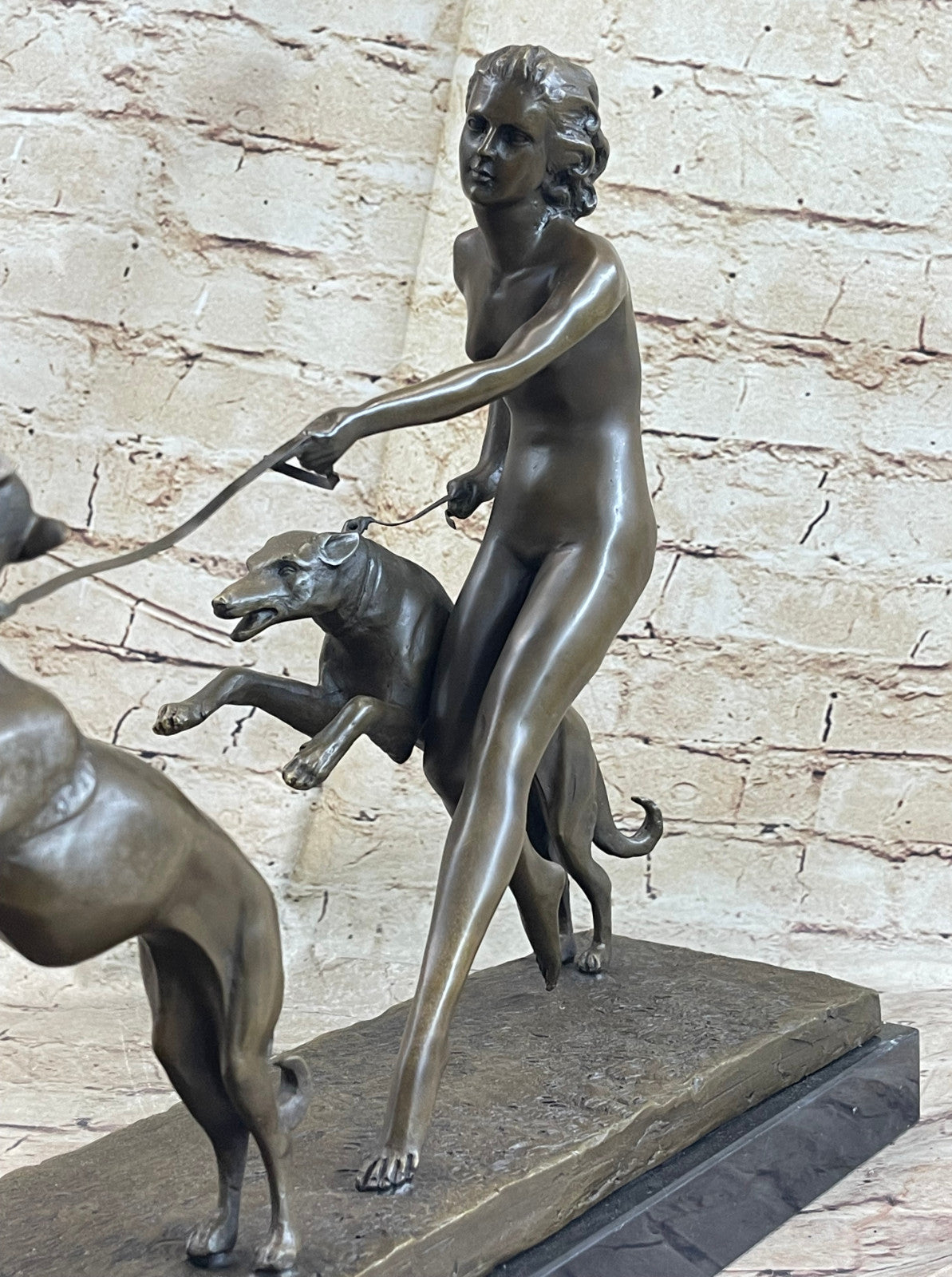 Large "A. Bouraine - The Hunt" Art Deco Bronze Figurine On Black Marble Base NR