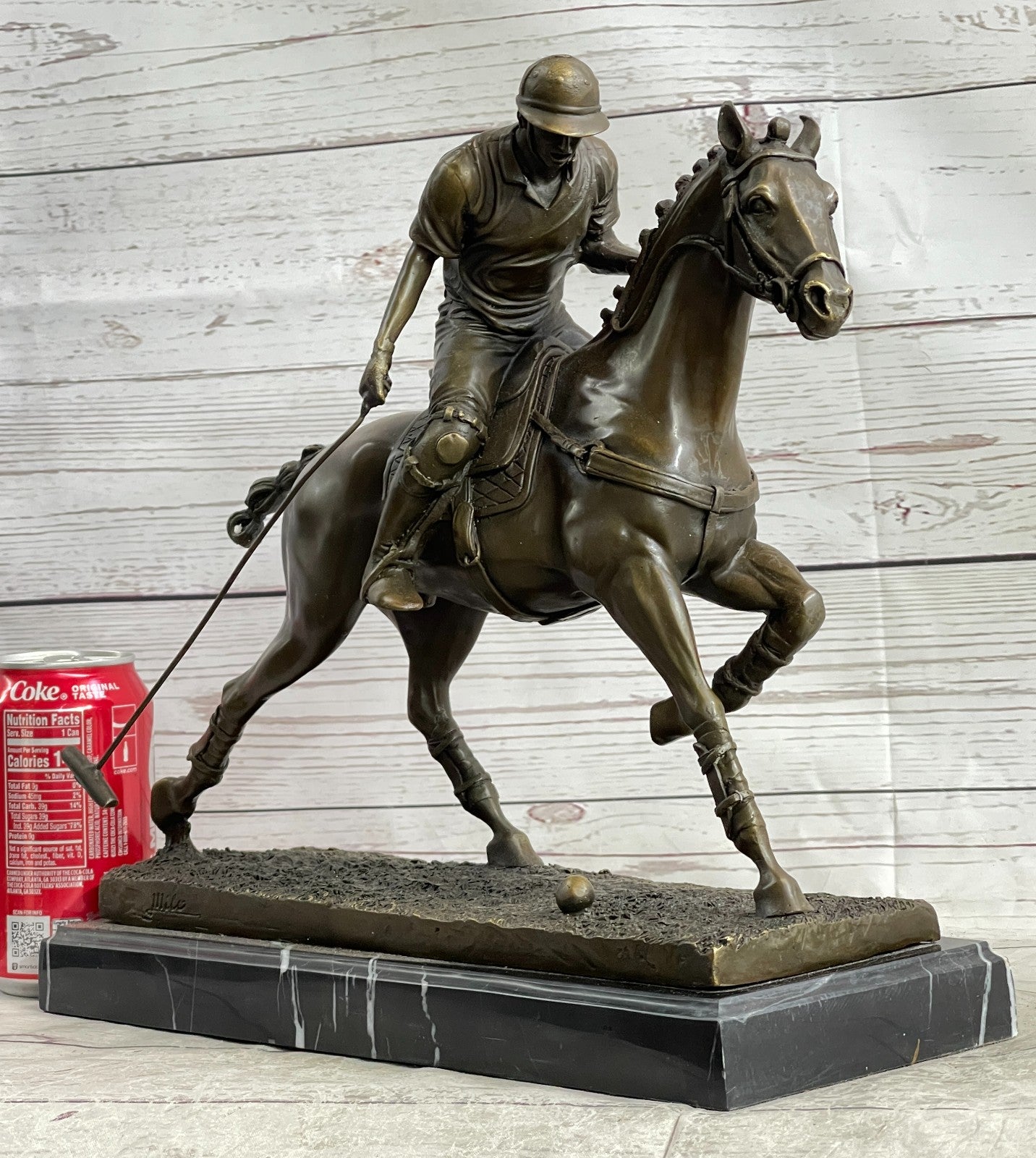 BRONZE POLO PLAYER HORSE & JOCKEY BRONZE SCULPTURE, SIGNED MILO HOT CAST FIGURE