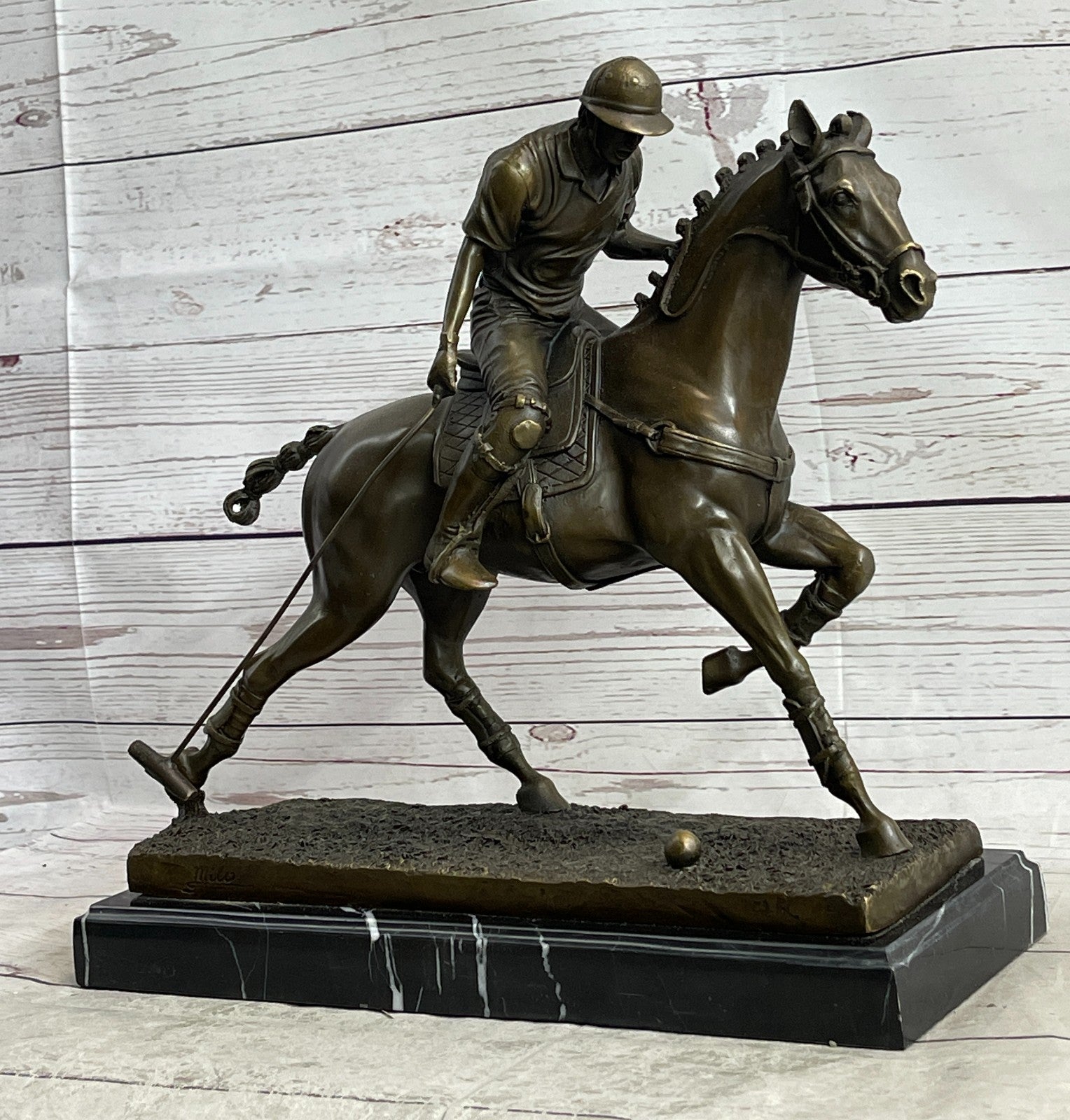 BRONZE POLO PLAYER HORSE & JOCKEY BRONZE SCULPTURE, SIGNED MILO HOT CAST FIGURE