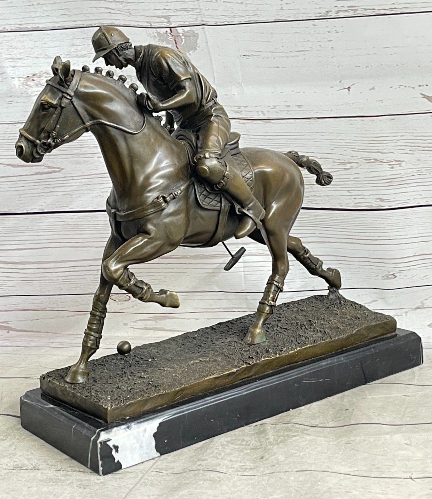 BRONZE POLO PLAYER HORSE & JOCKEY BRONZE SCULPTURE, SIGNED MILO HOT CAST FIGURE