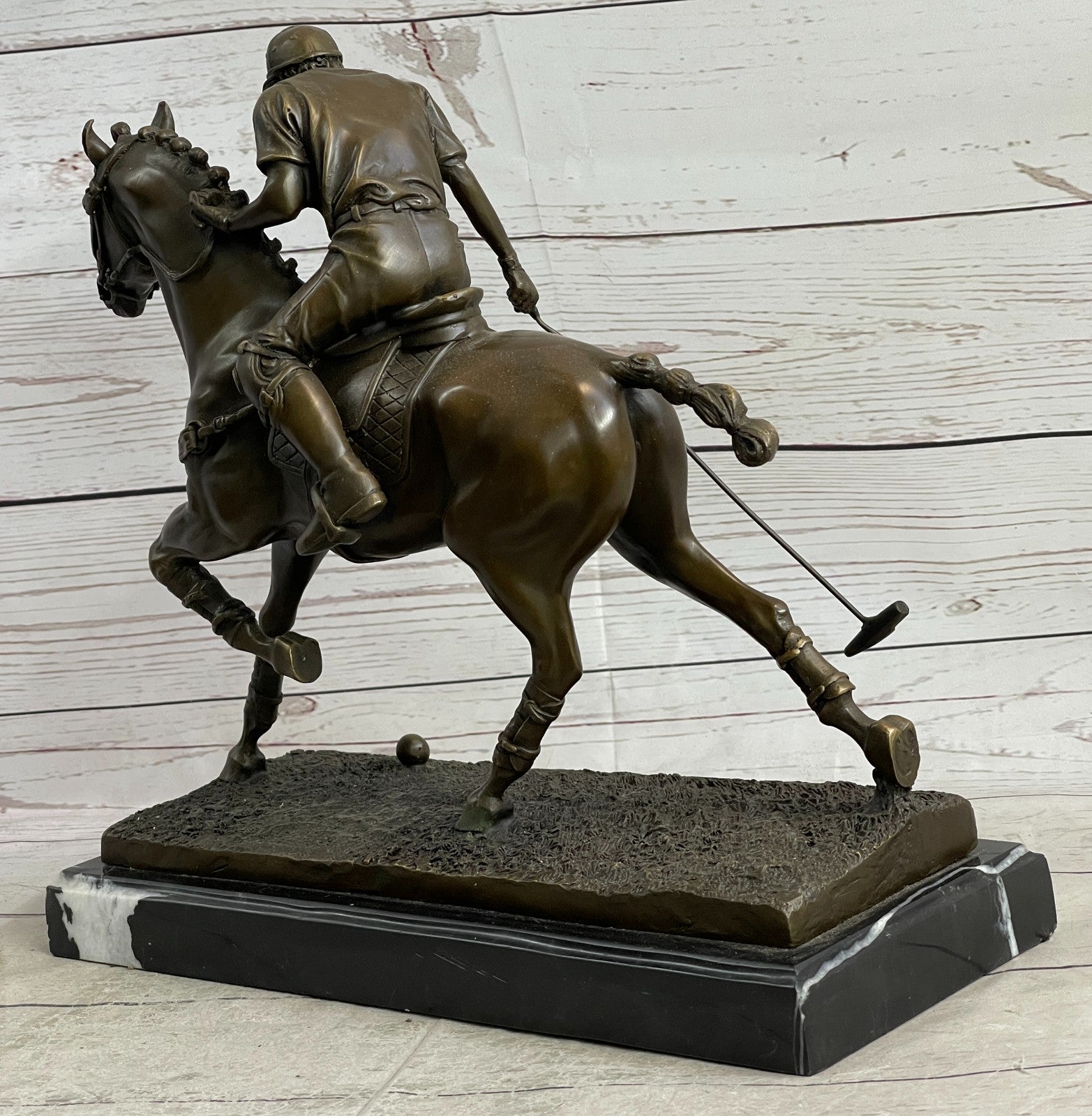 BRONZE POLO PLAYER HORSE & JOCKEY BRONZE SCULPTURE, SIGNED MILO HOT CAST FIGURE