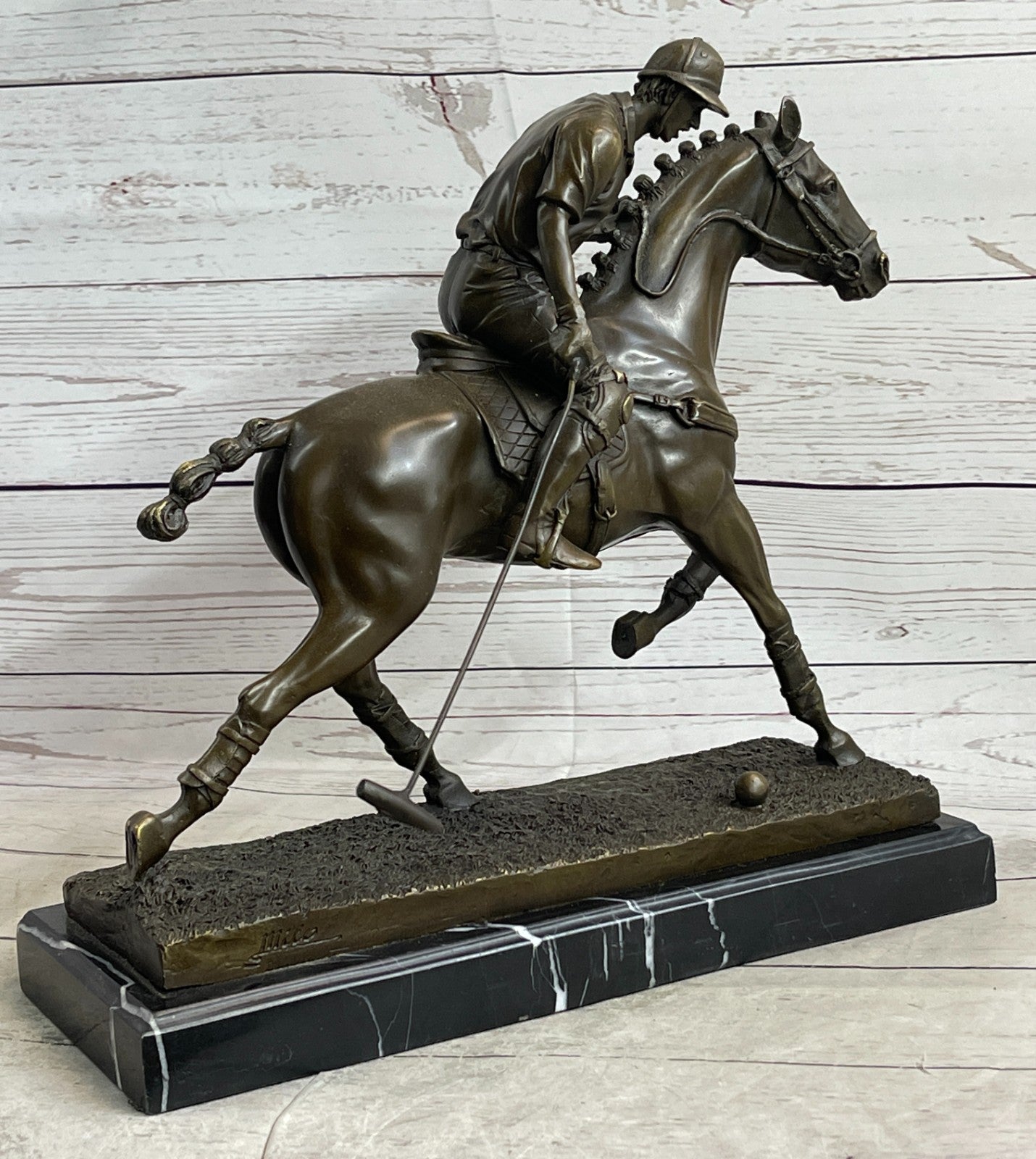 BRONZE POLO PLAYER HORSE & JOCKEY BRONZE SCULPTURE, SIGNED MILO HOT CAST FIGURE