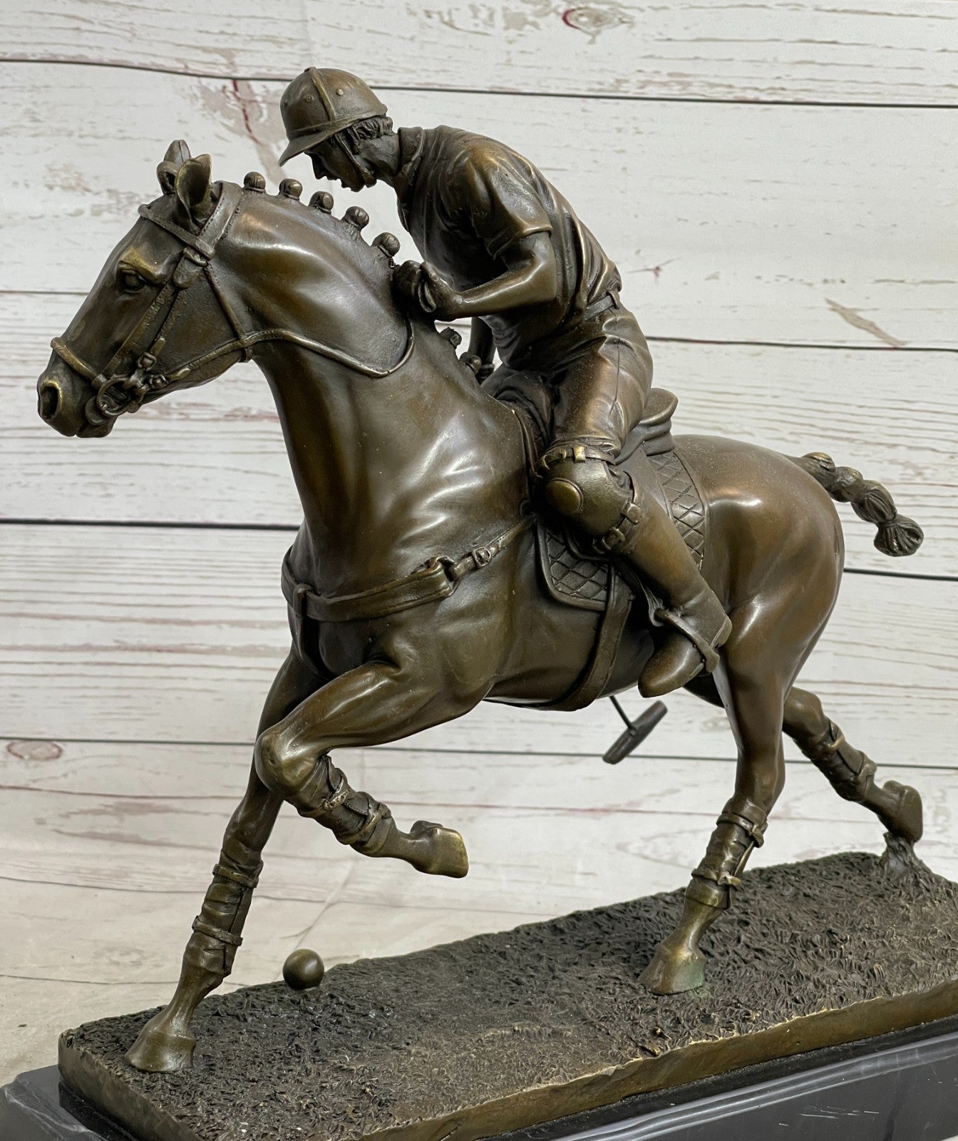 BRONZE POLO PLAYER HORSE & JOCKEY BRONZE SCULPTURE, SIGNED MILO HOT CAST FIGURE