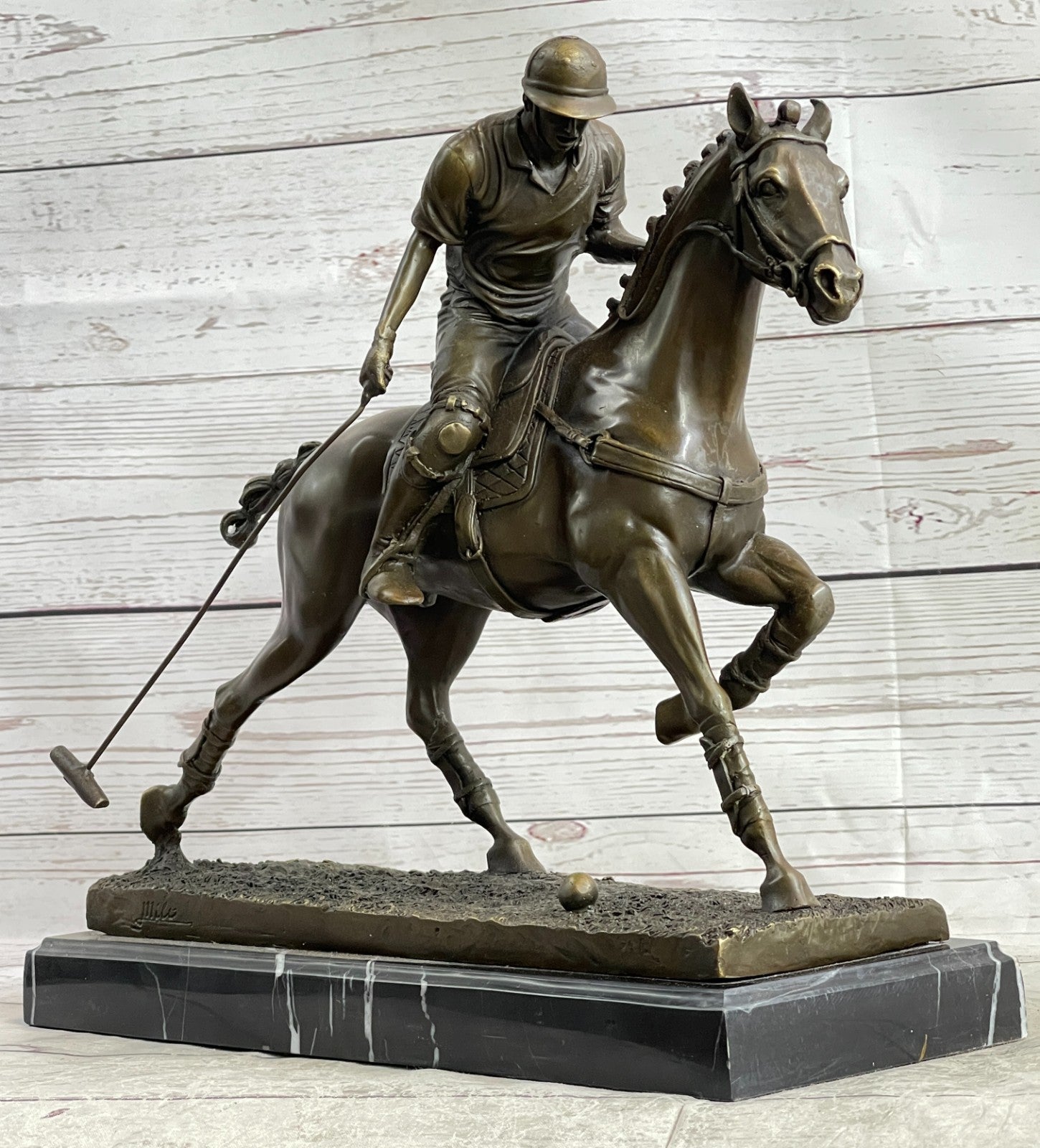 BRONZE POLO PLAYER HORSE & JOCKEY BRONZE SCULPTURE, SIGNED MILO HOT CAST FIGURE