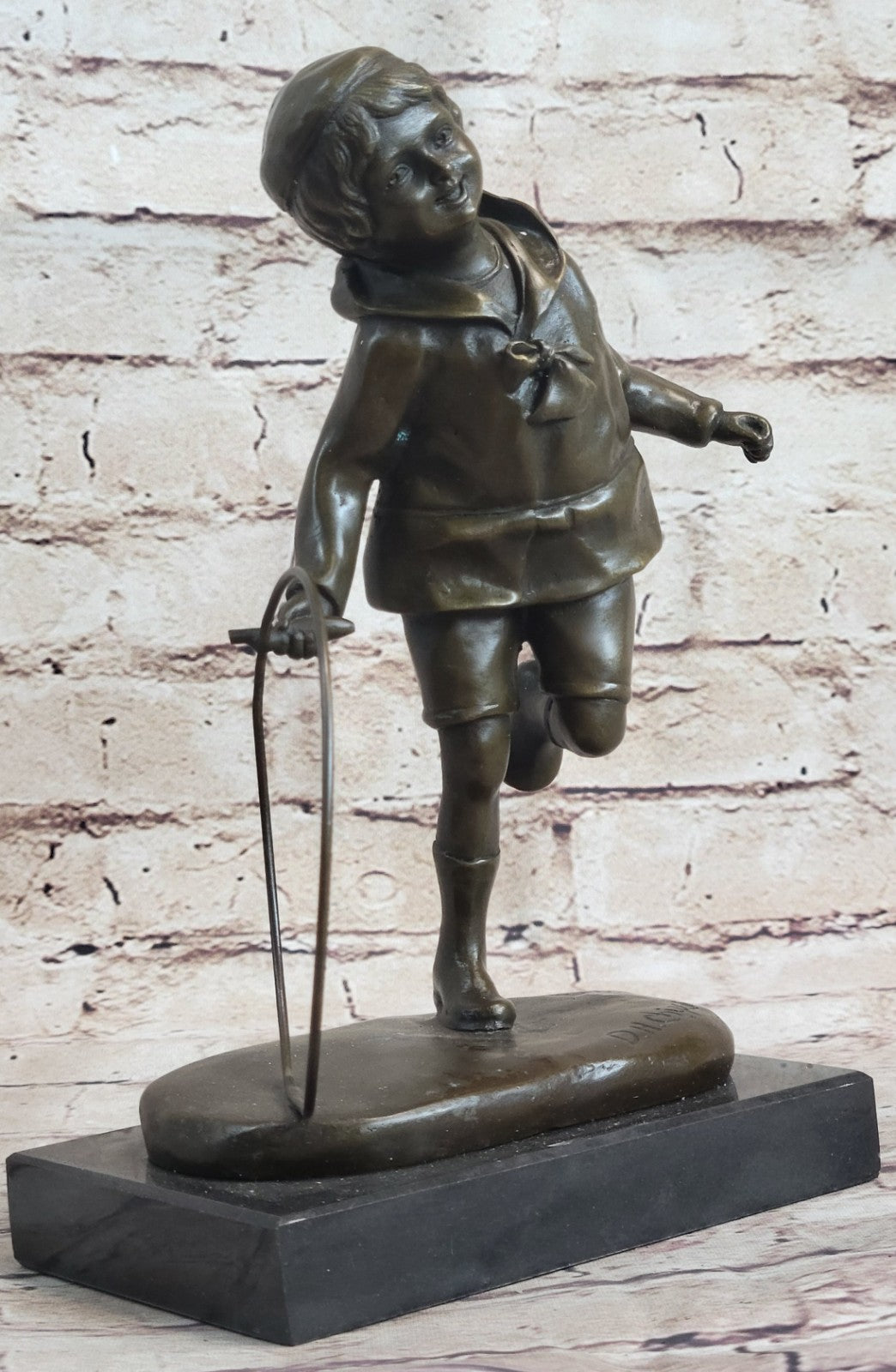 9" Bronze Art sculpture a boy with Roller Statue marble base Classic Artwork