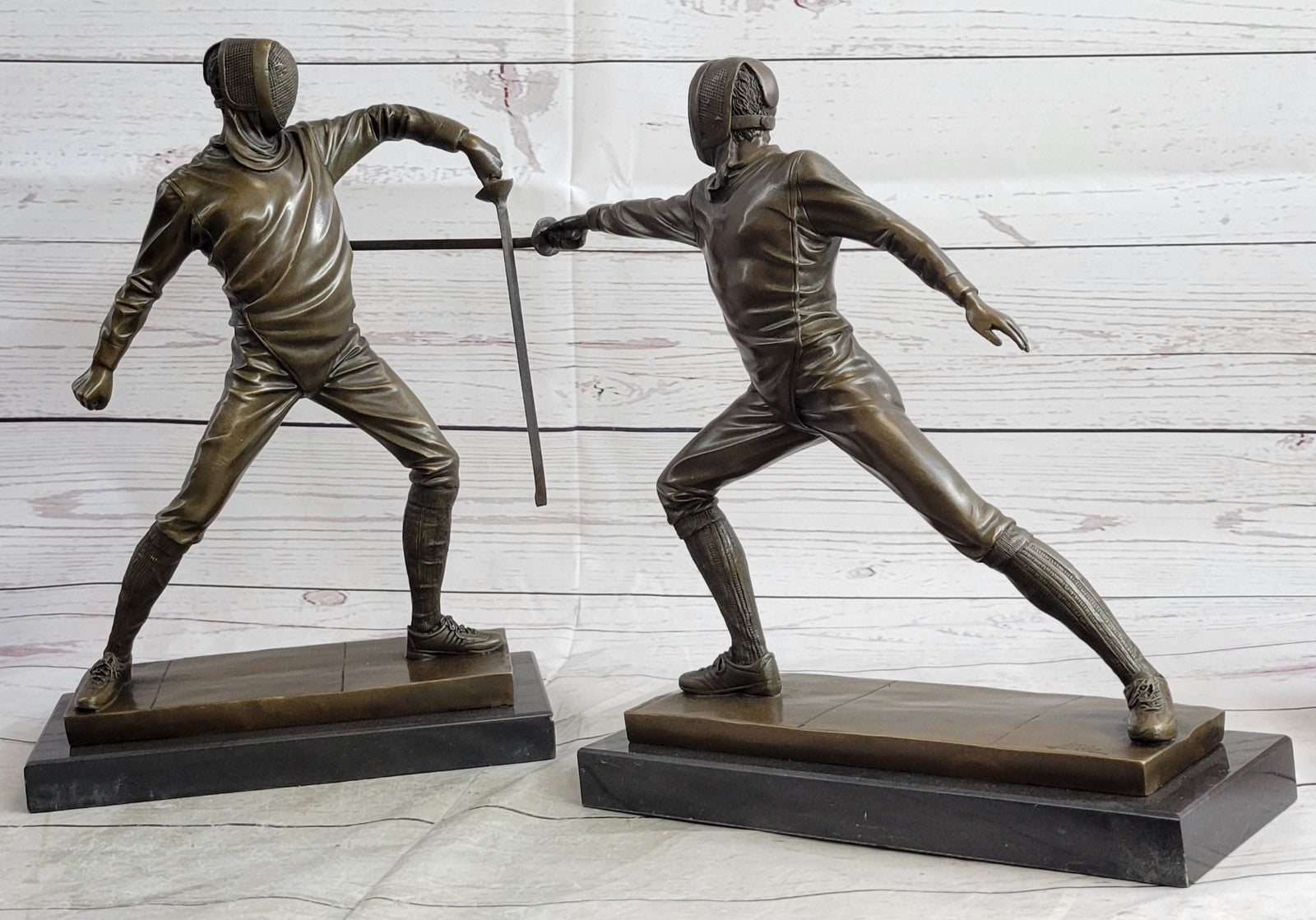 French Art Deco bronze sculpture of two male Detailed Fencer by Miguel Lopez Art