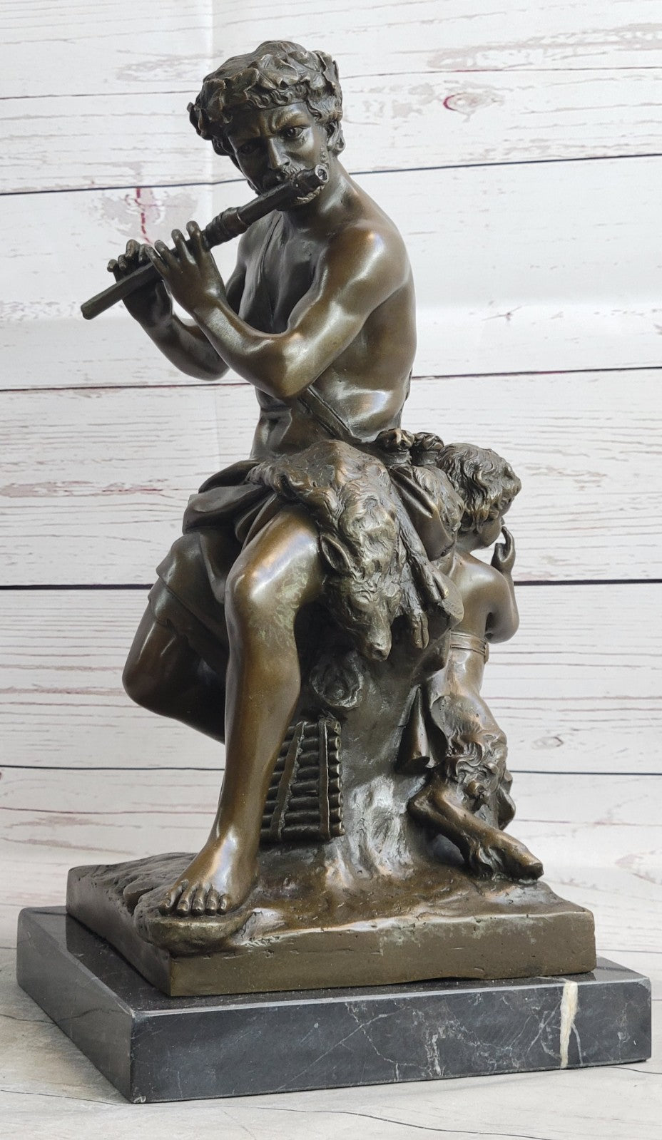 Genuine Bronze Statue - Shepherd and Satyr Boy Sculpture by Pan and Infant Faun