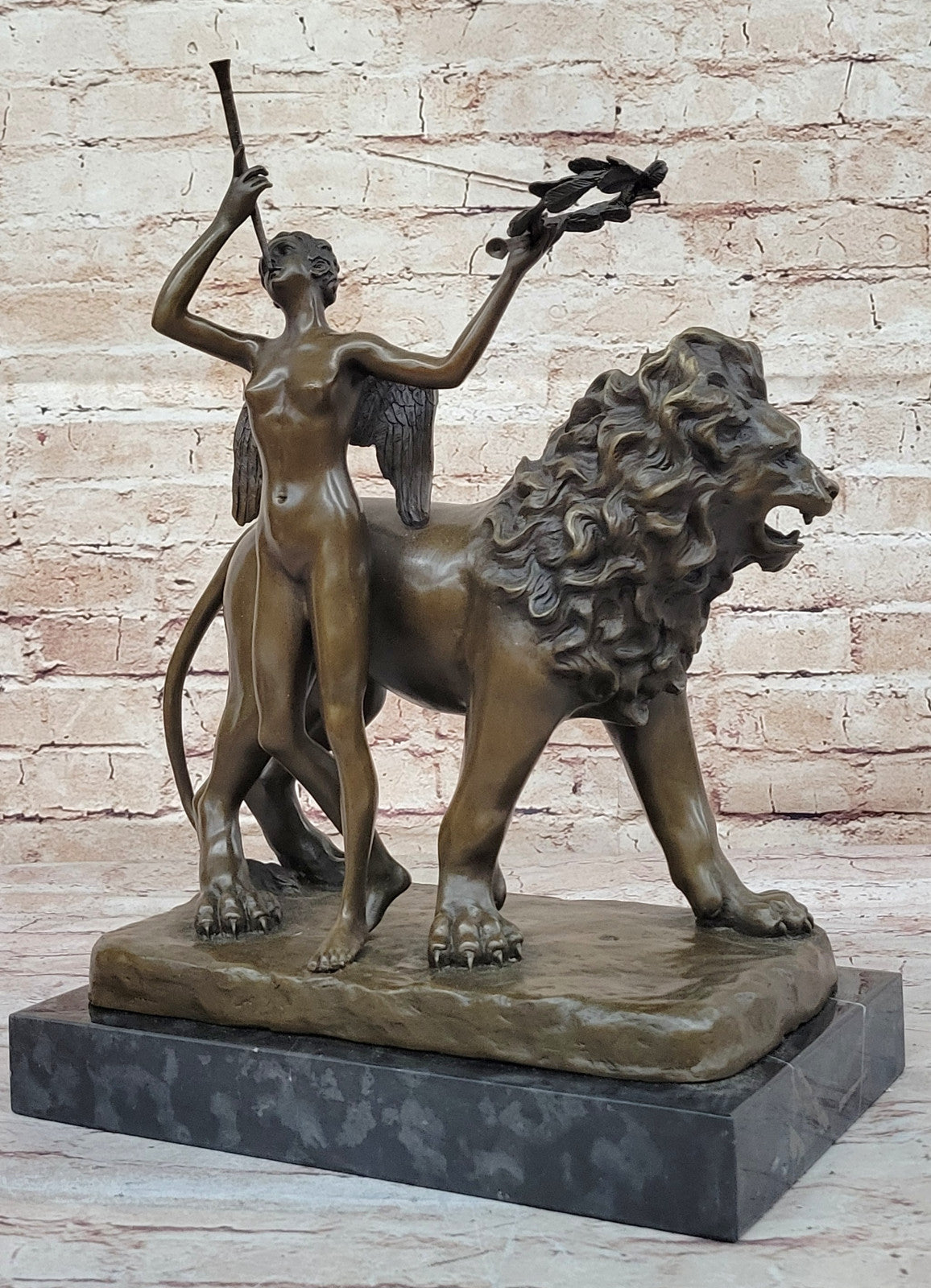 Handmade Sculpture by Aldo Vitaleh - Bronze Lion and Angel - Exquisite Art Deco Piece