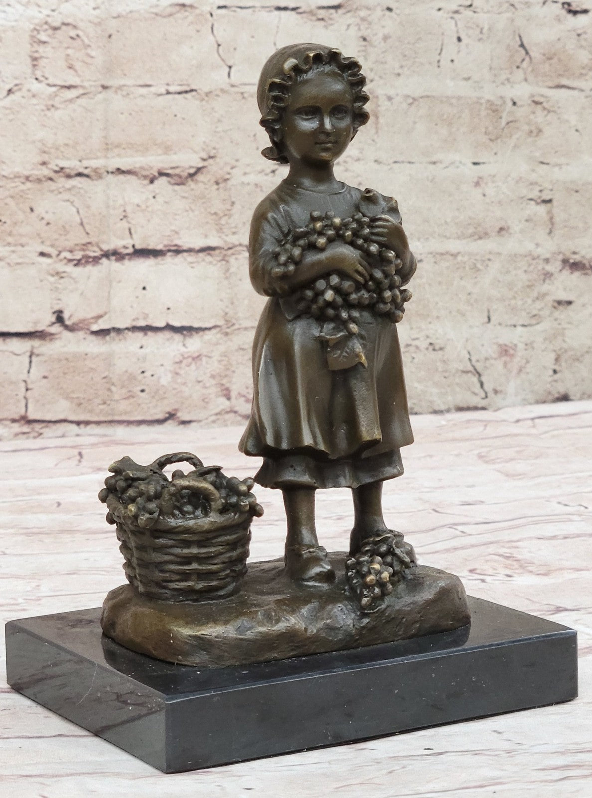 Western Bronze Marble Cute Girl Kid Child with Basket Art Deco Sculpture Statue