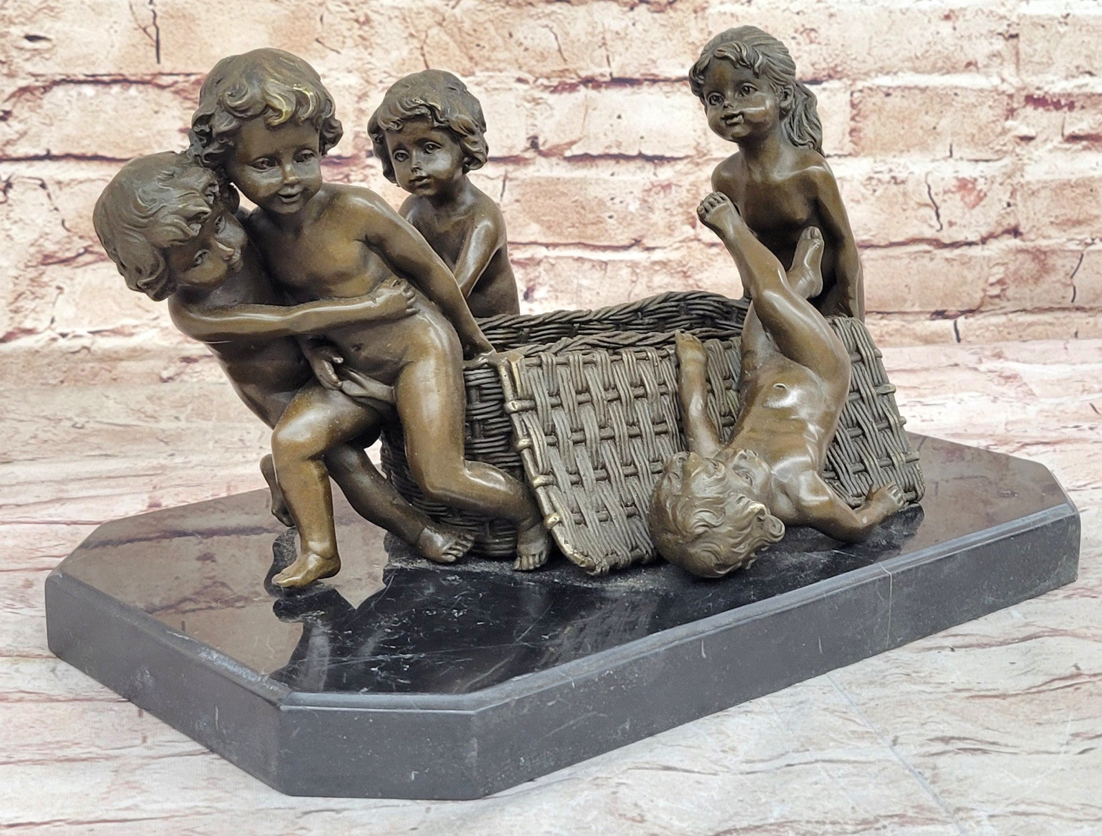 Signed R. Larche Bronze Sculpture: Children Pulling Basket, Fine Art Artwork