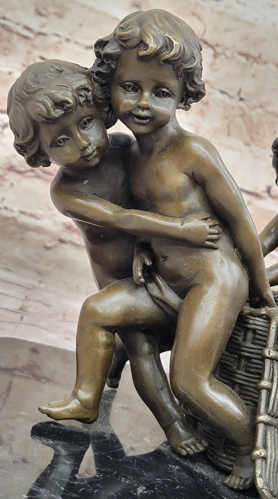 Signed R. Larche Bronze Sculpture: Children Pulling Basket, Fine Art Artwork
