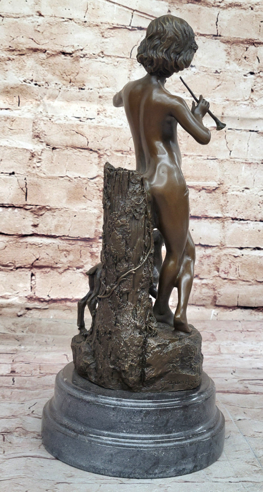 Joaquin Angles Idylle Bronze Sculpture: Boy and Lamb Playing Flute, Fine Artwork