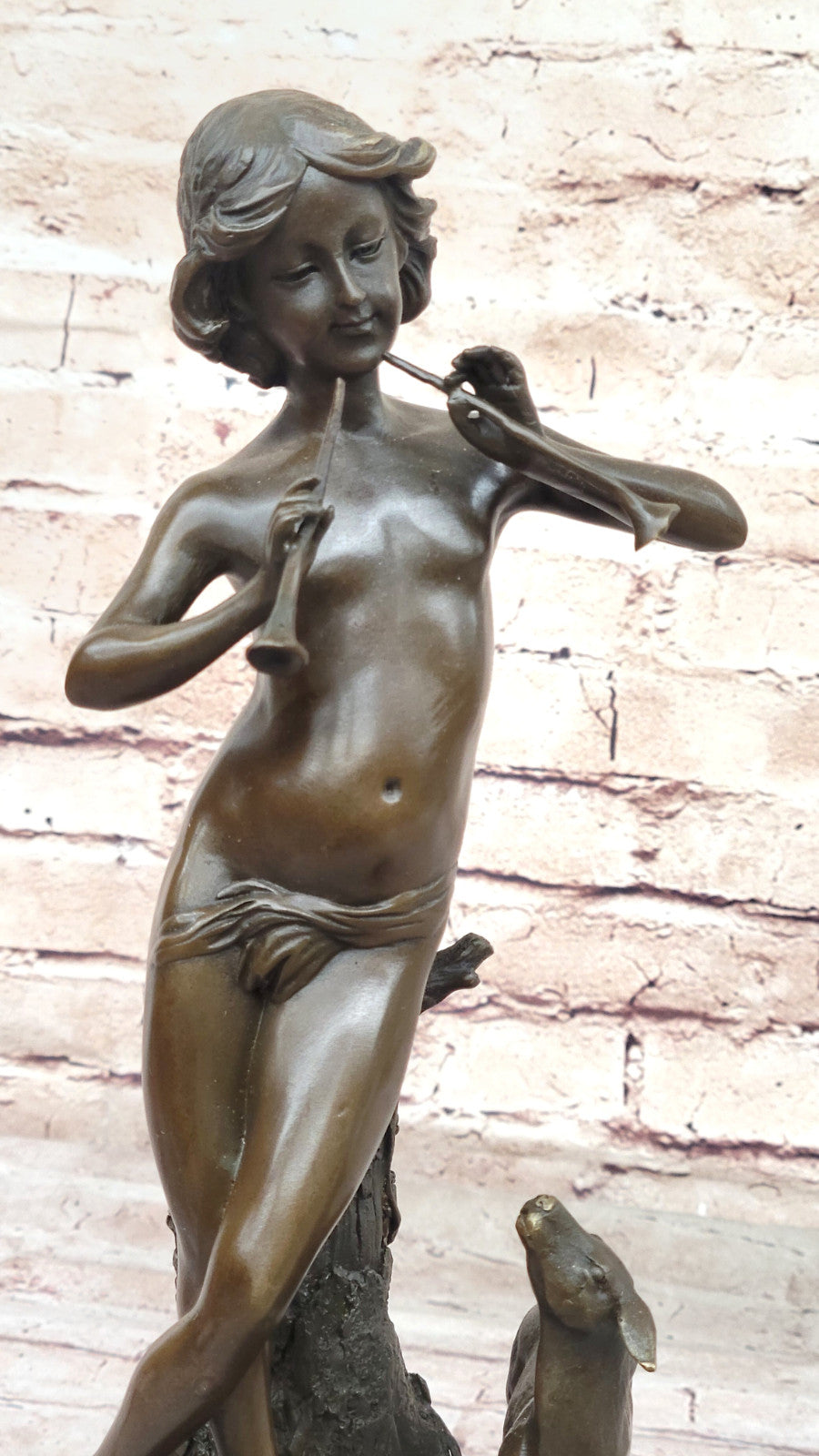 Joaquin Angles Idylle Bronze Sculpture: Boy and Lamb Playing Flute, Fine Artwork