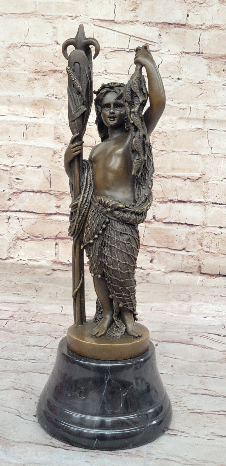 Collector`s Pride: Genuine Bronze Sculpture - Carrier Boy Hunter Fisherman
