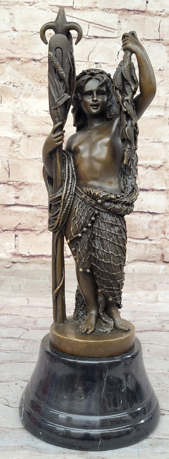 Collector`s Pride: Genuine Bronze Sculpture - Carrier Boy Hunter Fisherman