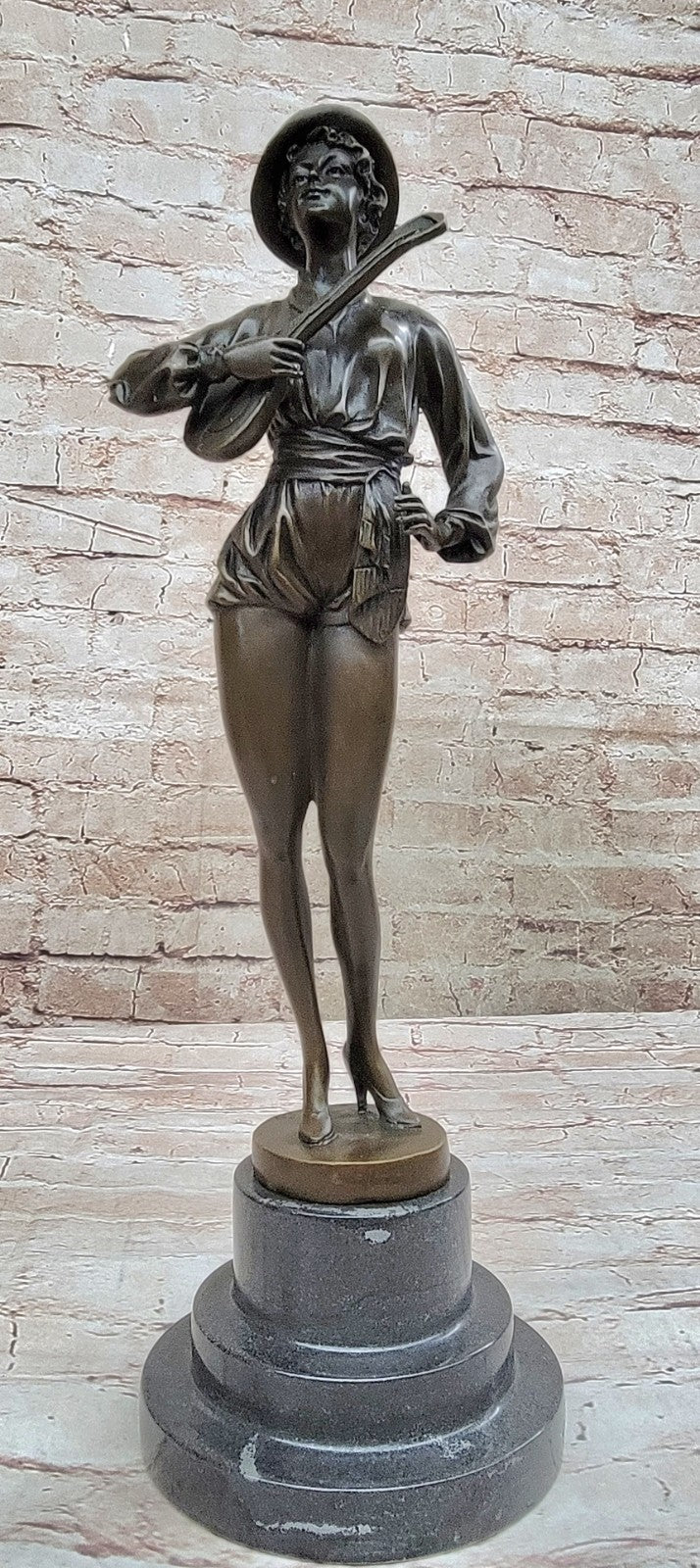 Music Woman Banjo Marble Base Handcrafted Art Bronze Sculpture Statue Figure