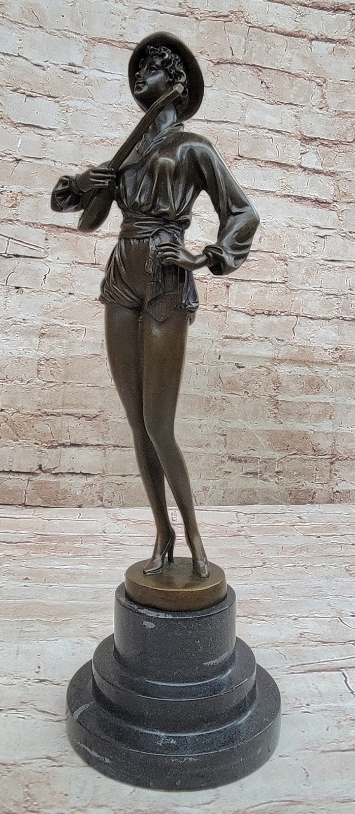Music Woman Banjo Marble Base Handcrafted Art Bronze Sculpture Statue Figure