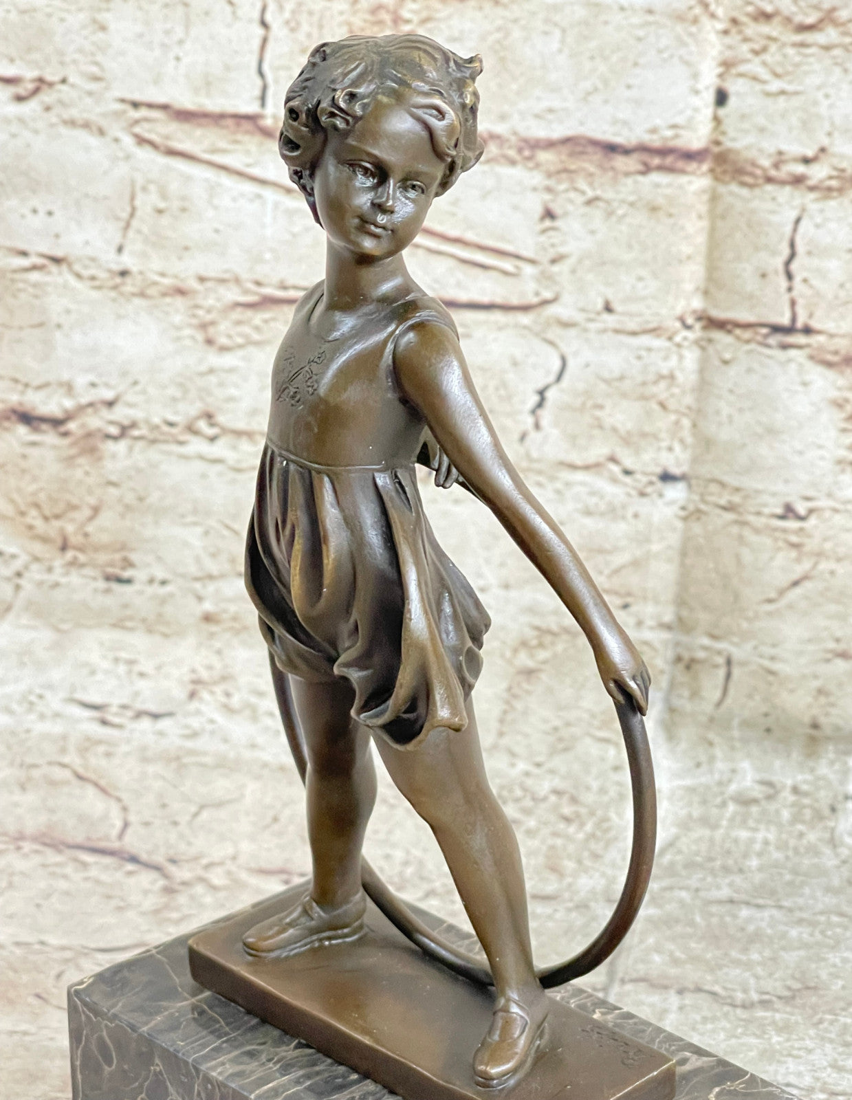 Handcrafted Little Girl Playing Loop Hot Cast Bronze Sculpture Marble Base Figure