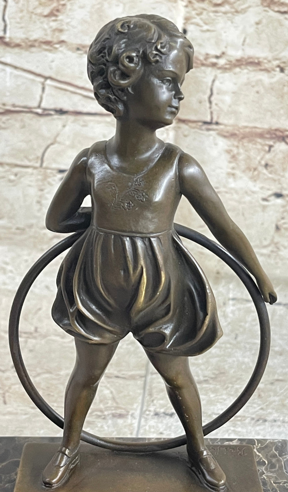 Handcrafted Little Girl Playing Loop Hot Cast Bronze Sculpture Marble Base Figure