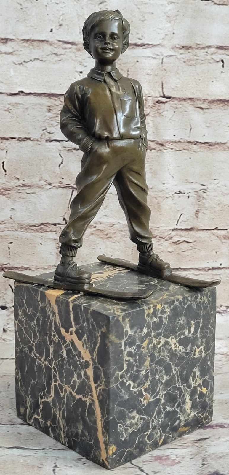 Bronze Sculpture Ski Skier Sport Olympic Trophy Hot Cast Marble Base Figure Gift