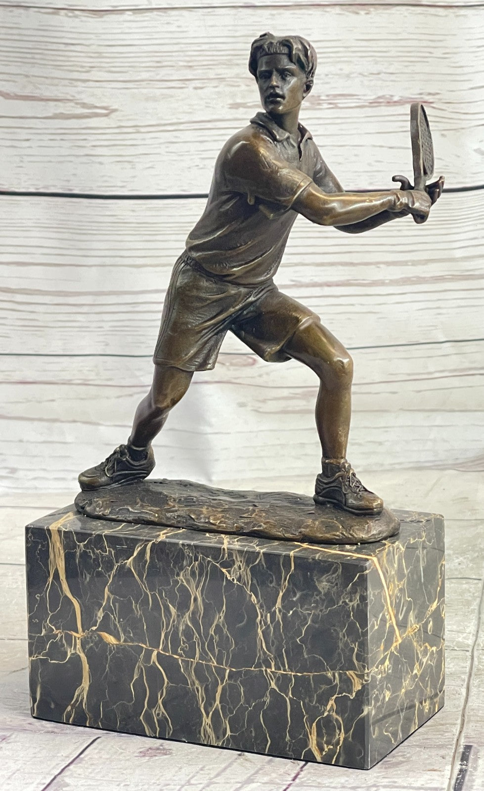Rare Fine Vintage Bronze Signed Sculpture Statue Tennis Player Marble Base GIFT