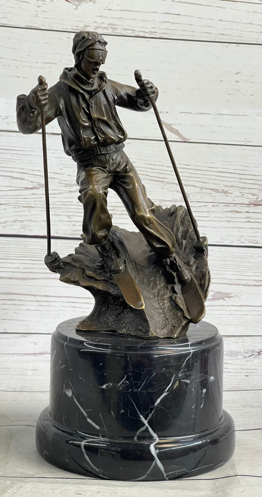 Signed: NICK Bronze Sculpture skier men skiiing snow ski sports Statue Figurine