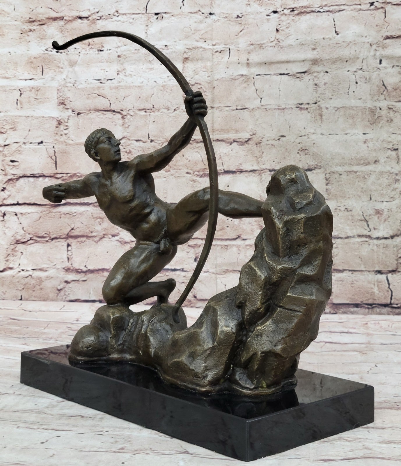 Erotic Nude Male On Hunting Position Statue Handmade Bronze Marble Home Decor