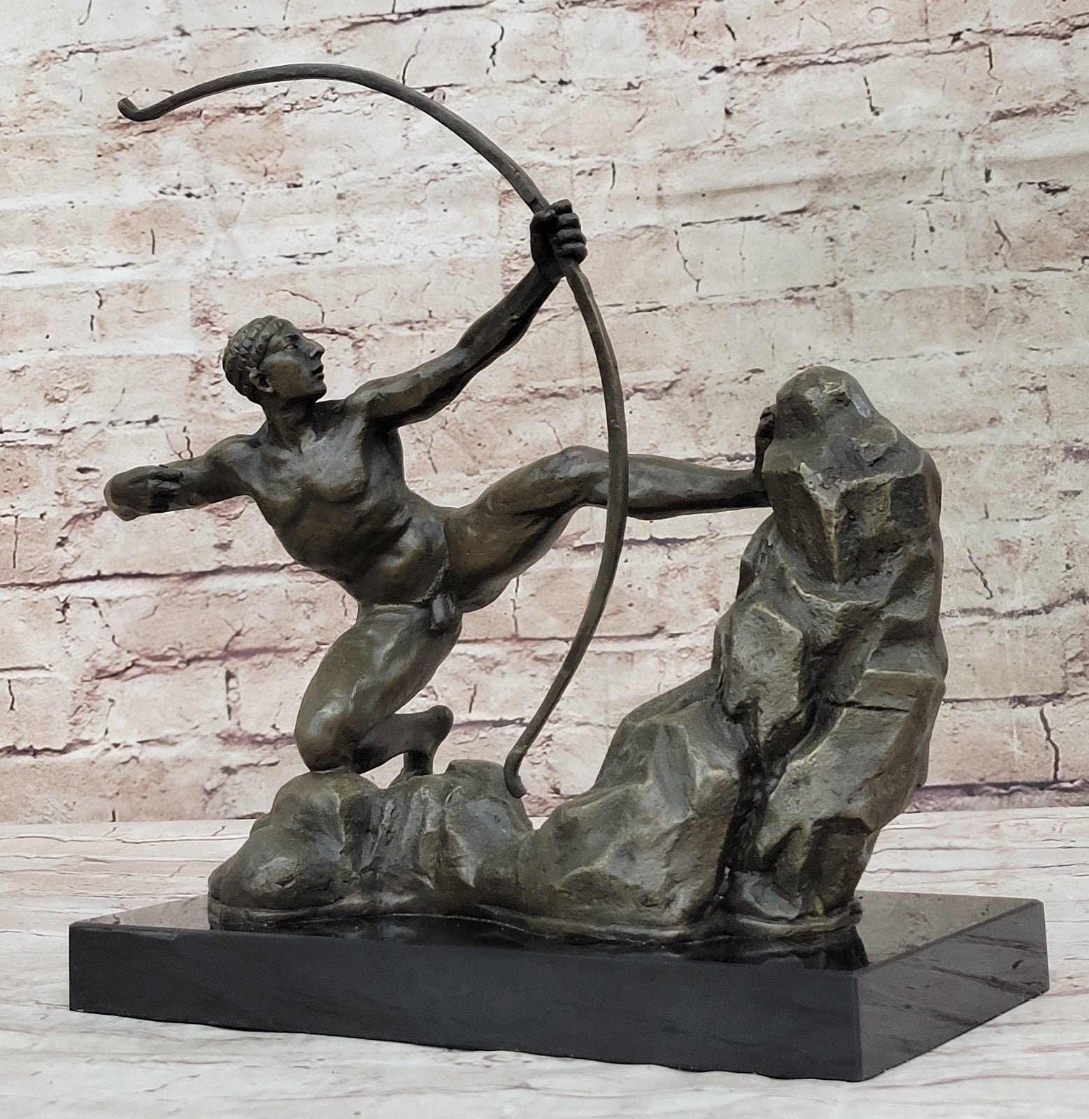 Erotic Nude Male On Hunting Position Statue Handmade Bronze Marble Home Decor