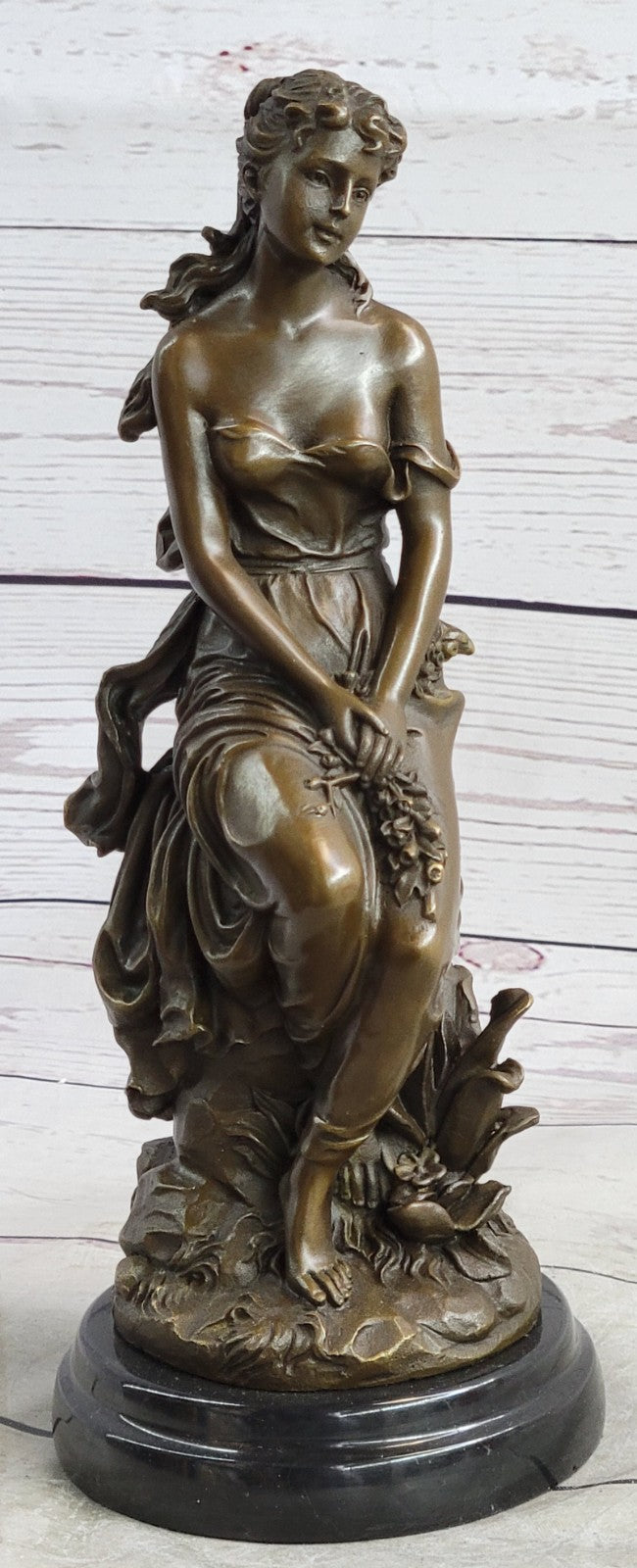 Mid Century French Bronze 11" Neoclassical sculpture of a maiden with Flowers NR