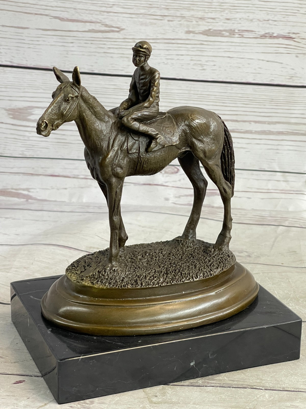 French Vintage Bronze Statue Sculpture Horse Jockey France circa1970 Home Decor