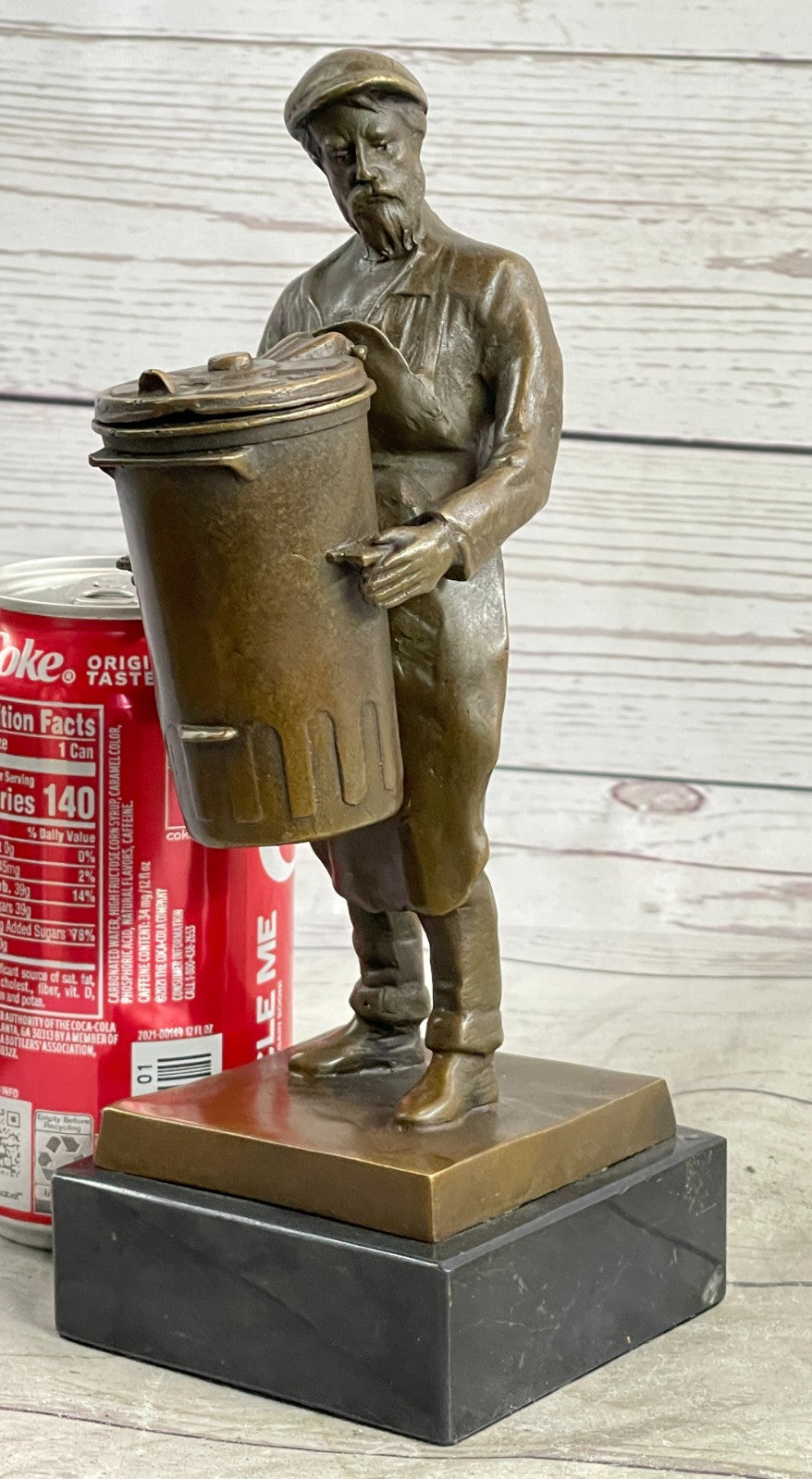 BRONZE FOUNDRY WORKER W/LARGE CAN HAND MADE SCULPTURE HOME OFFICE DECORATION