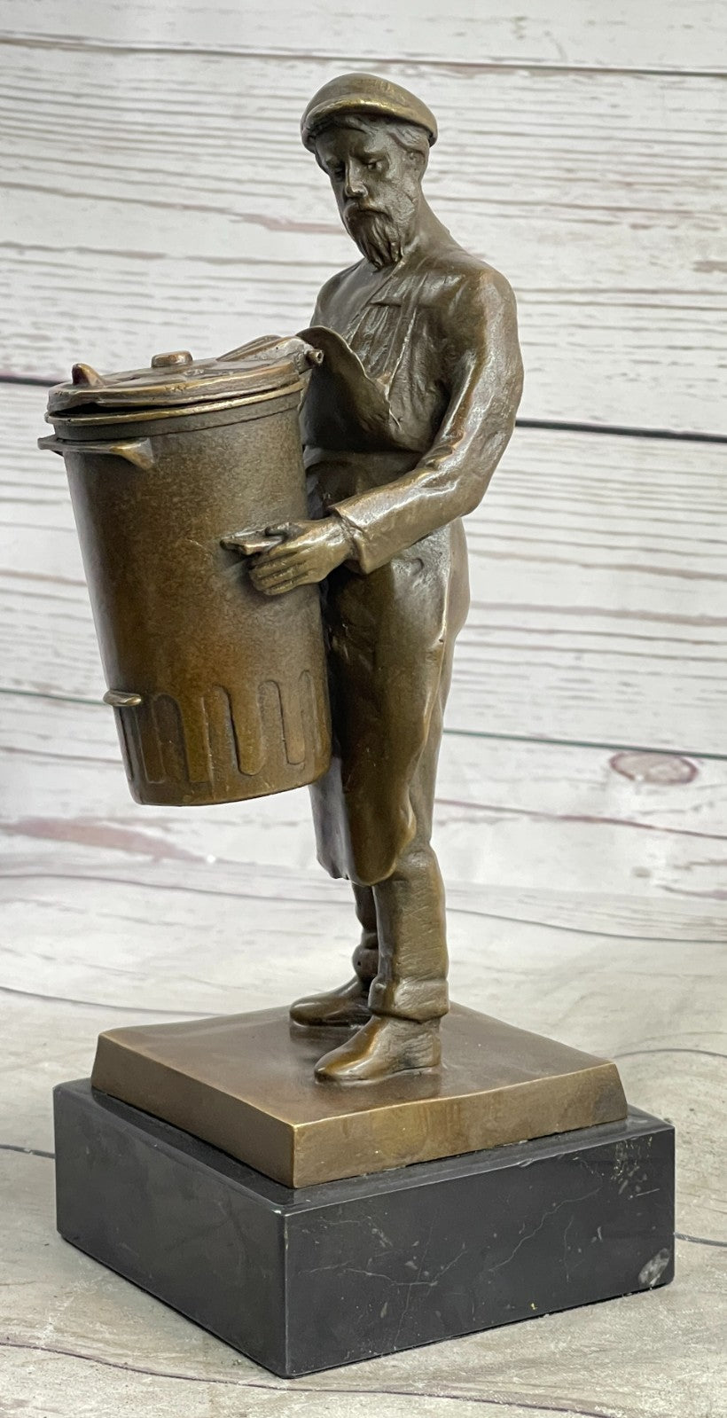 BRONZE FOUNDRY WORKER W/LARGE CAN HAND MADE SCULPTURE HOME OFFICE DECORATION