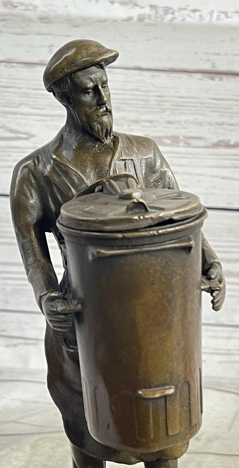 BRONZE FOUNDRY WORKER W/LARGE CAN HAND MADE SCULPTURE HOME OFFICE DECORATION