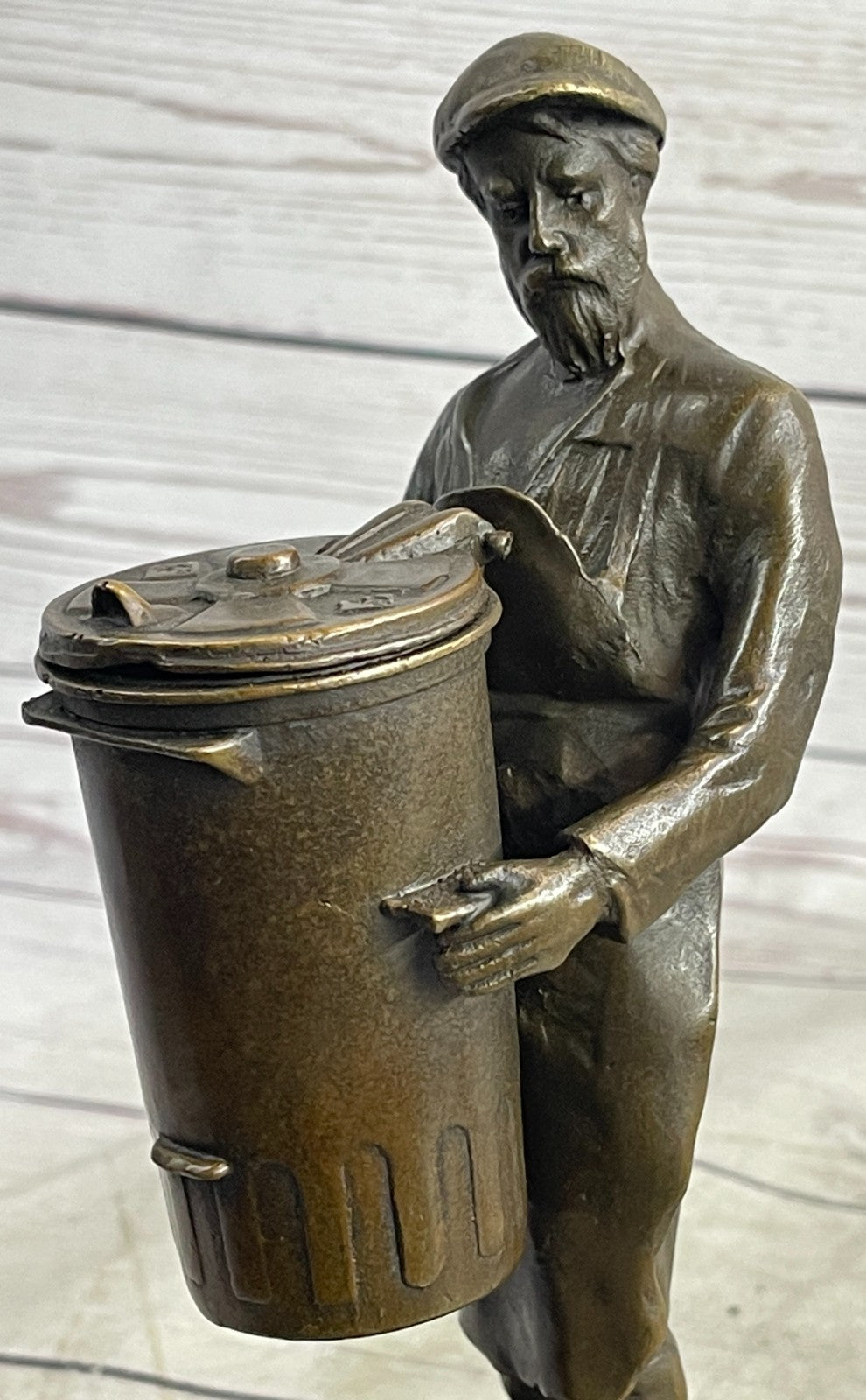 BRONZE FOUNDRY WORKER W/LARGE CAN HAND MADE SCULPTURE HOME OFFICE DECORATION