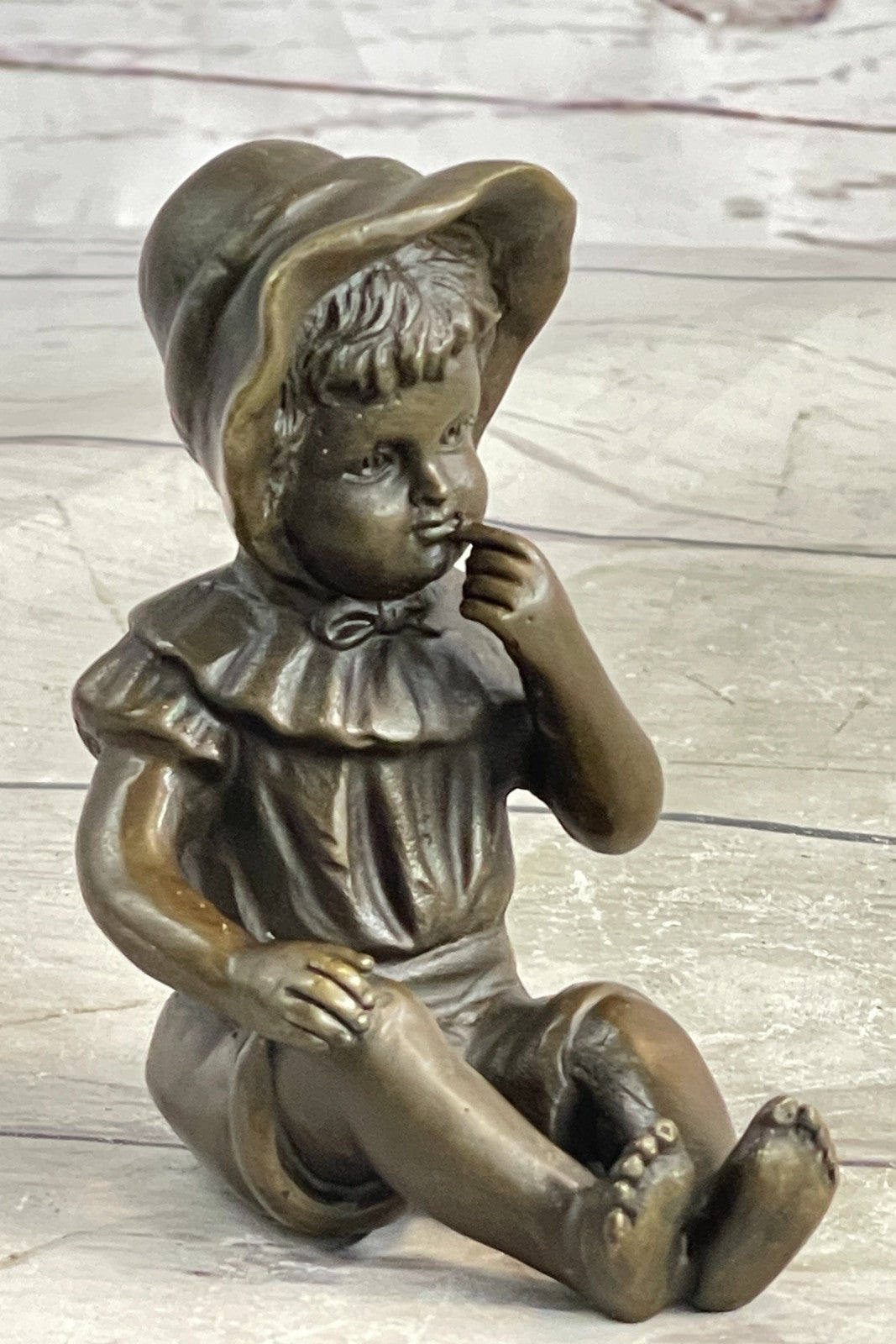 Milo`s Baby Girl with Hat - Handcrafted Bronze Statue by Miguel Lopez, Signed Artwork, Gift