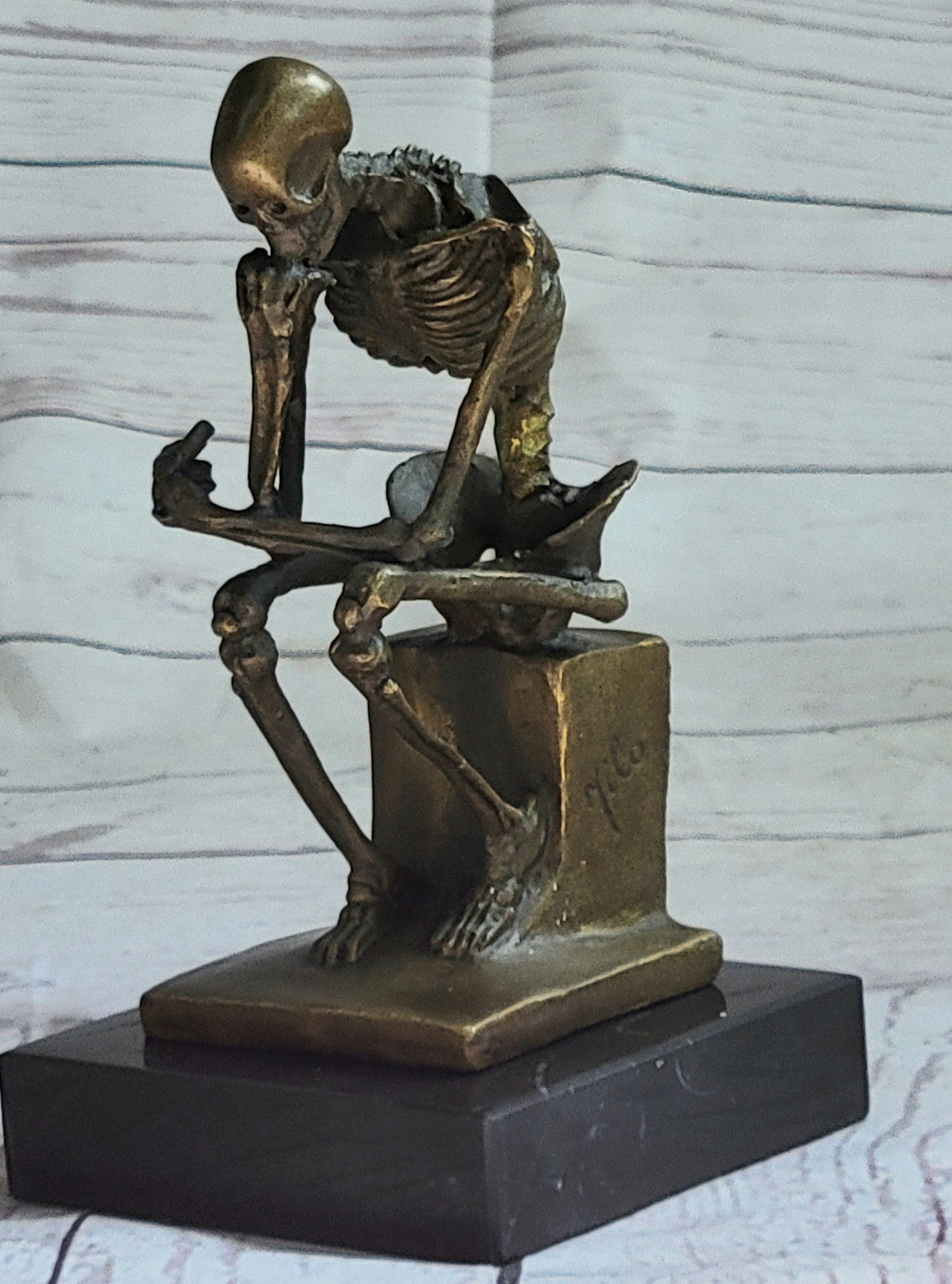 Unique Marble Figurine Skeleton Thinker Bronze Sculpture Signed Milo