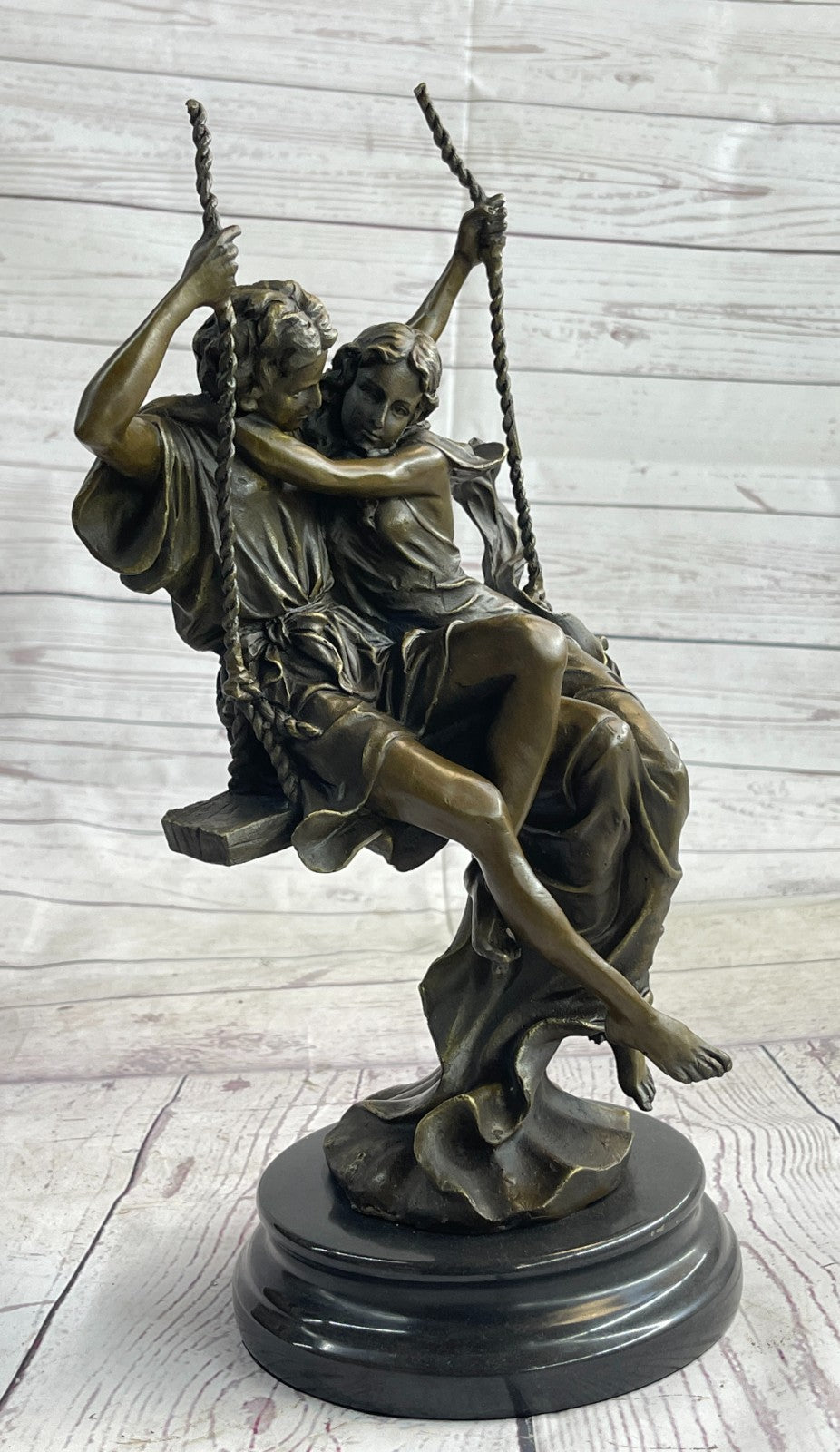 BRONZE COUPLE SITTING ON SWING SCULPTURE HOME OFFICE DECORATION DECOR GIFT