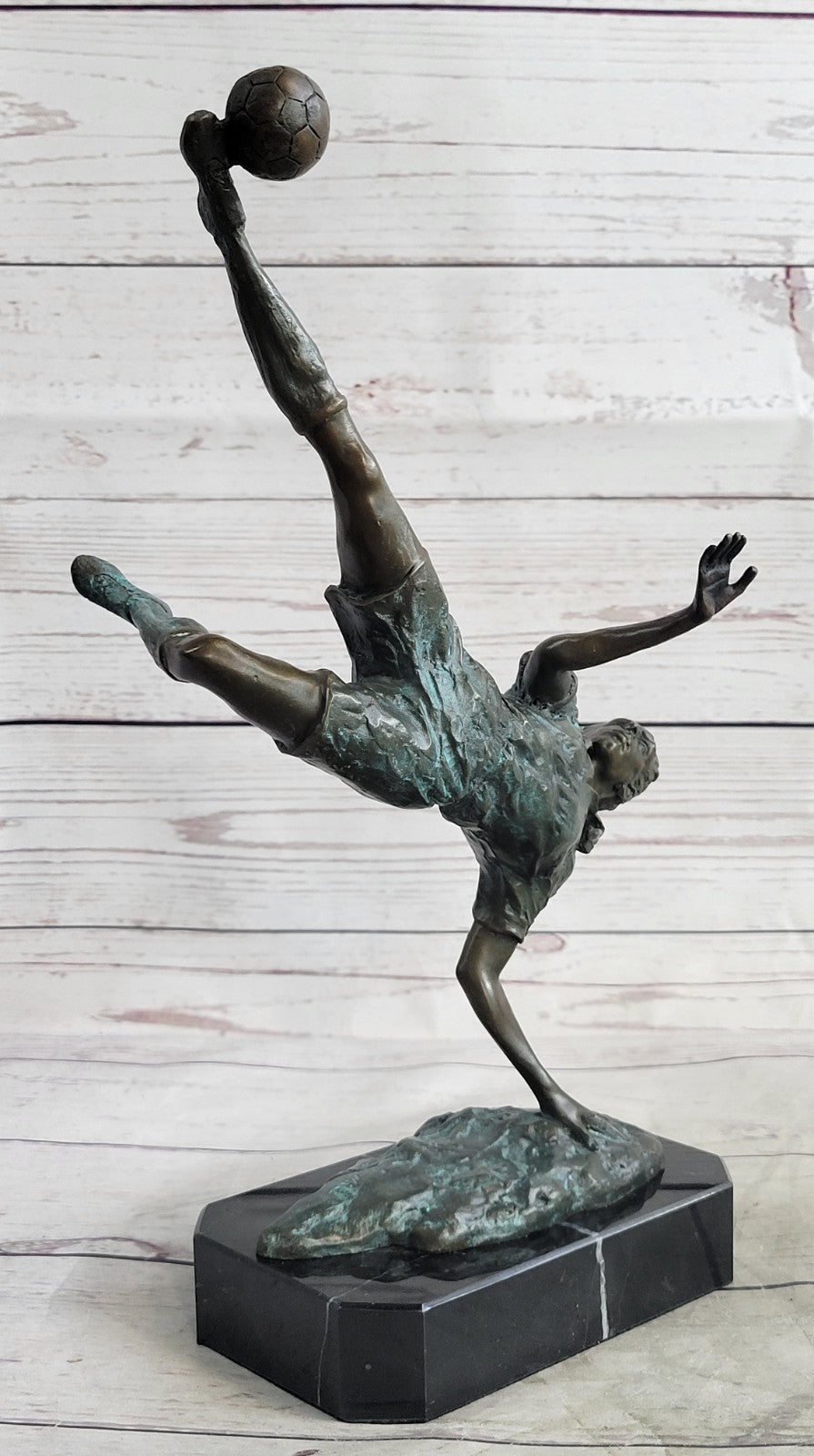 Dynamic Bronze Sculpture of Soccer Player Scoring Goal by Milo Action Artwork