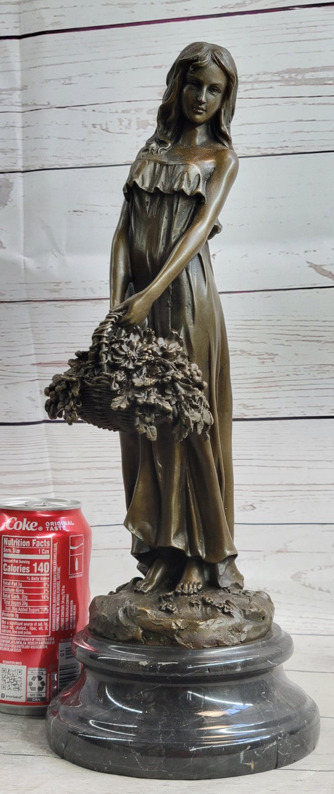 Mario Nick`s Stunning Bronze Sculpture: Graceful Woman with Flower Basket Figurine