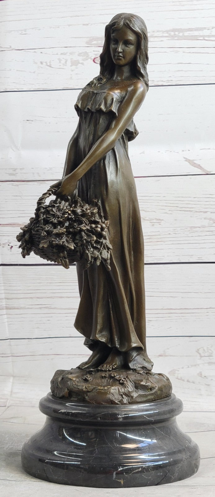 Mario Nick`s Stunning Bronze Sculpture: Graceful Woman with Flower Basket Figurine