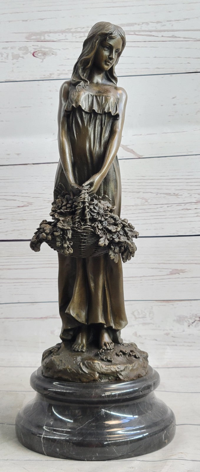 Mario Nick`s Stunning Bronze Sculpture: Graceful Woman with Flower Basket Figurine