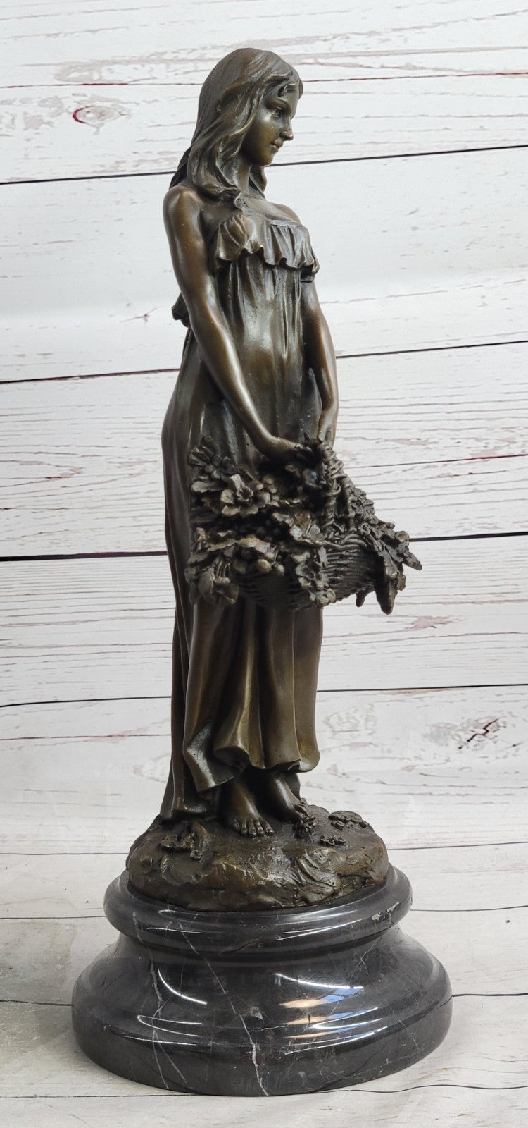 Mario Nick`s Stunning Bronze Sculpture: Graceful Woman with Flower Basket Figurine