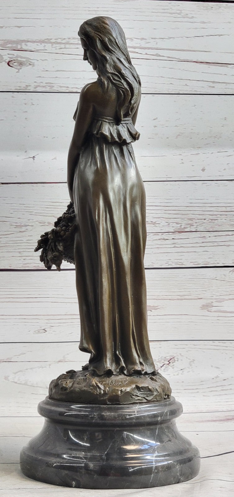 Mario Nick`s Stunning Bronze Sculpture: Graceful Woman with Flower Basket Figurine