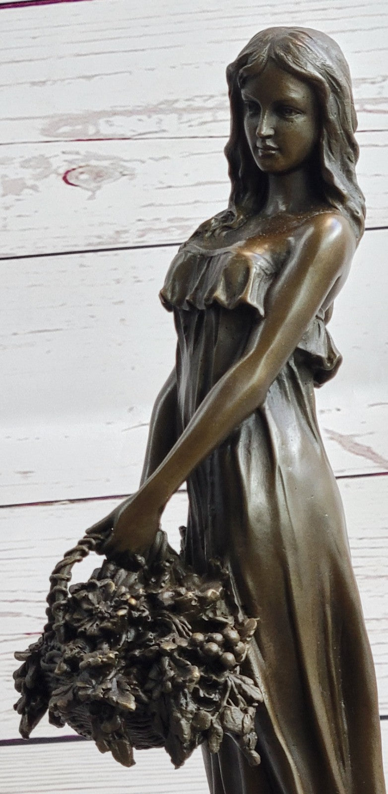 Mario Nick`s Stunning Bronze Sculpture: Graceful Woman with Flower Basket Figurine