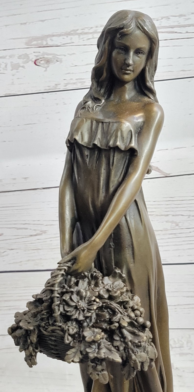 Mario Nick`s Stunning Bronze Sculpture: Graceful Woman with Flower Basket Figurine