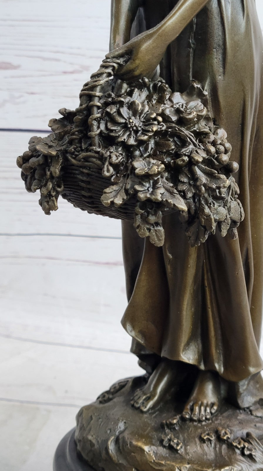 Mario Nick`s Stunning Bronze Sculpture: Graceful Woman with Flower Basket Figurine