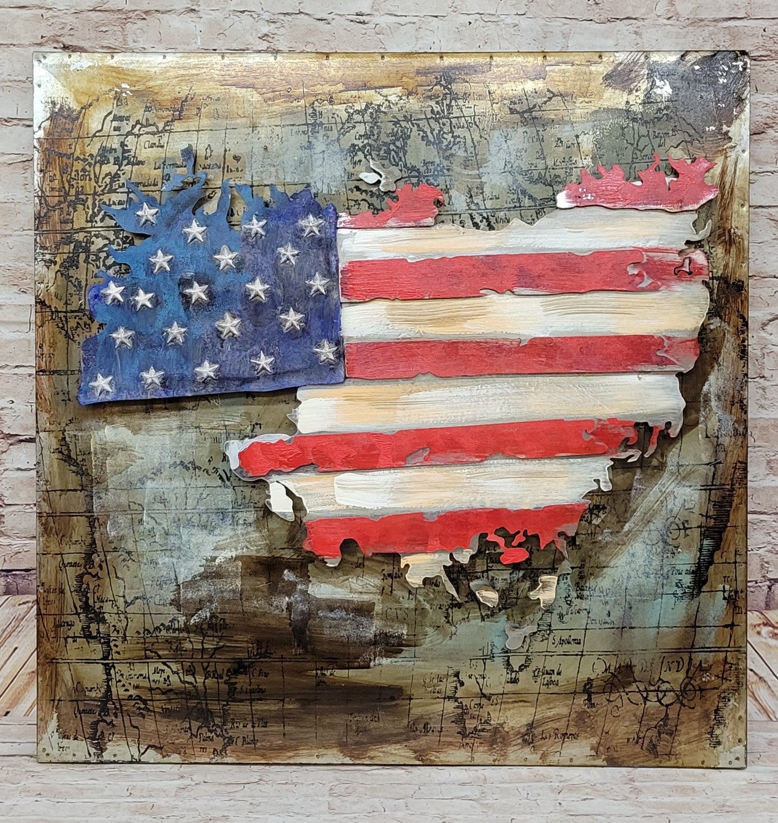32" x 32" Custom 3D All Metal Canvas Map with Flag Outdoor Suitable Decor